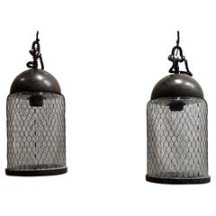 Contemporary Pair of Brushed Metal Pendant Lights with Cage, Italy