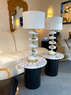 Contemporary Pair of Ceramic and Brass Sculpture TOTEM Lamps, Italy
