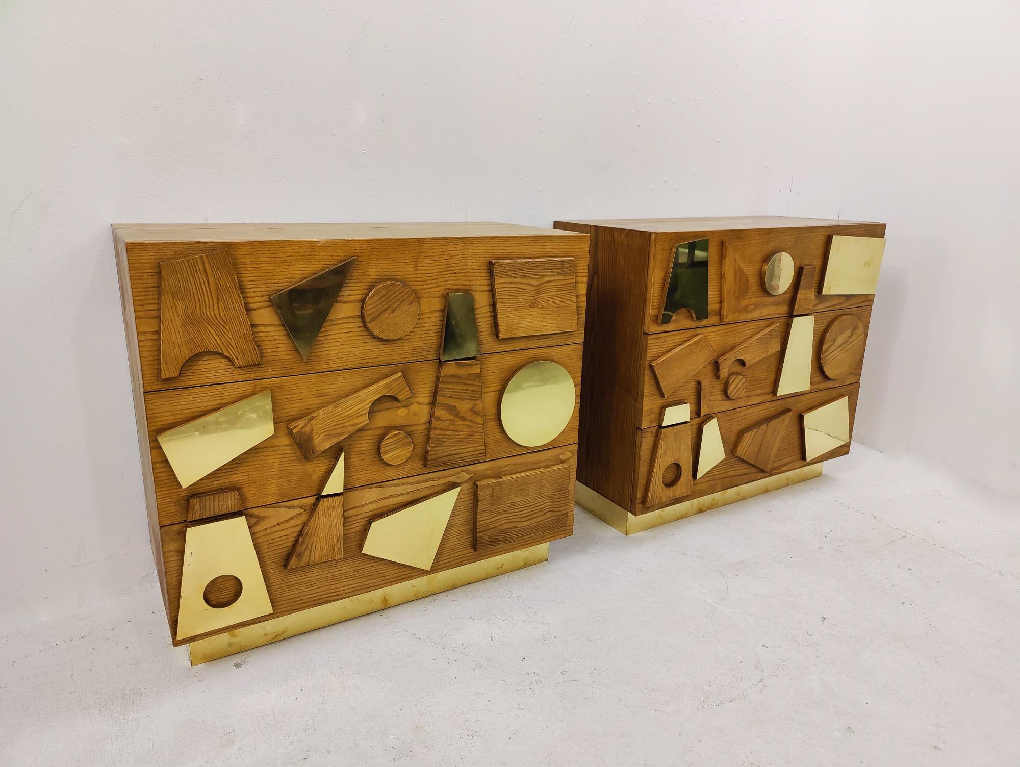 Contemporary chest of drawers, wood and brass, Italy - Two Available.