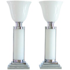 Contemporary Pair of Chrome and Glass Uplighter Lamps