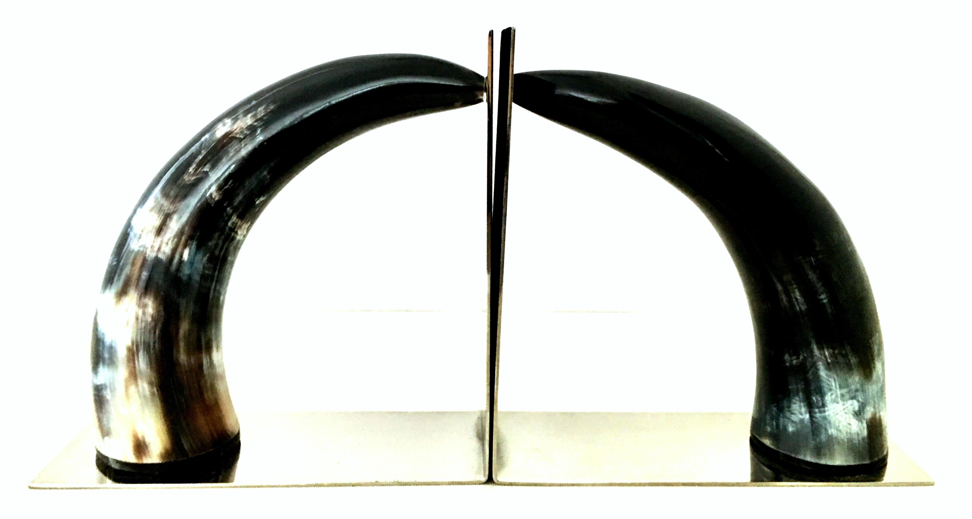 21st Century Contemporary Pair Of Chrome Mounted Horn Bookend Sculptures In Excellent Condition For Sale In West Palm Beach, FL