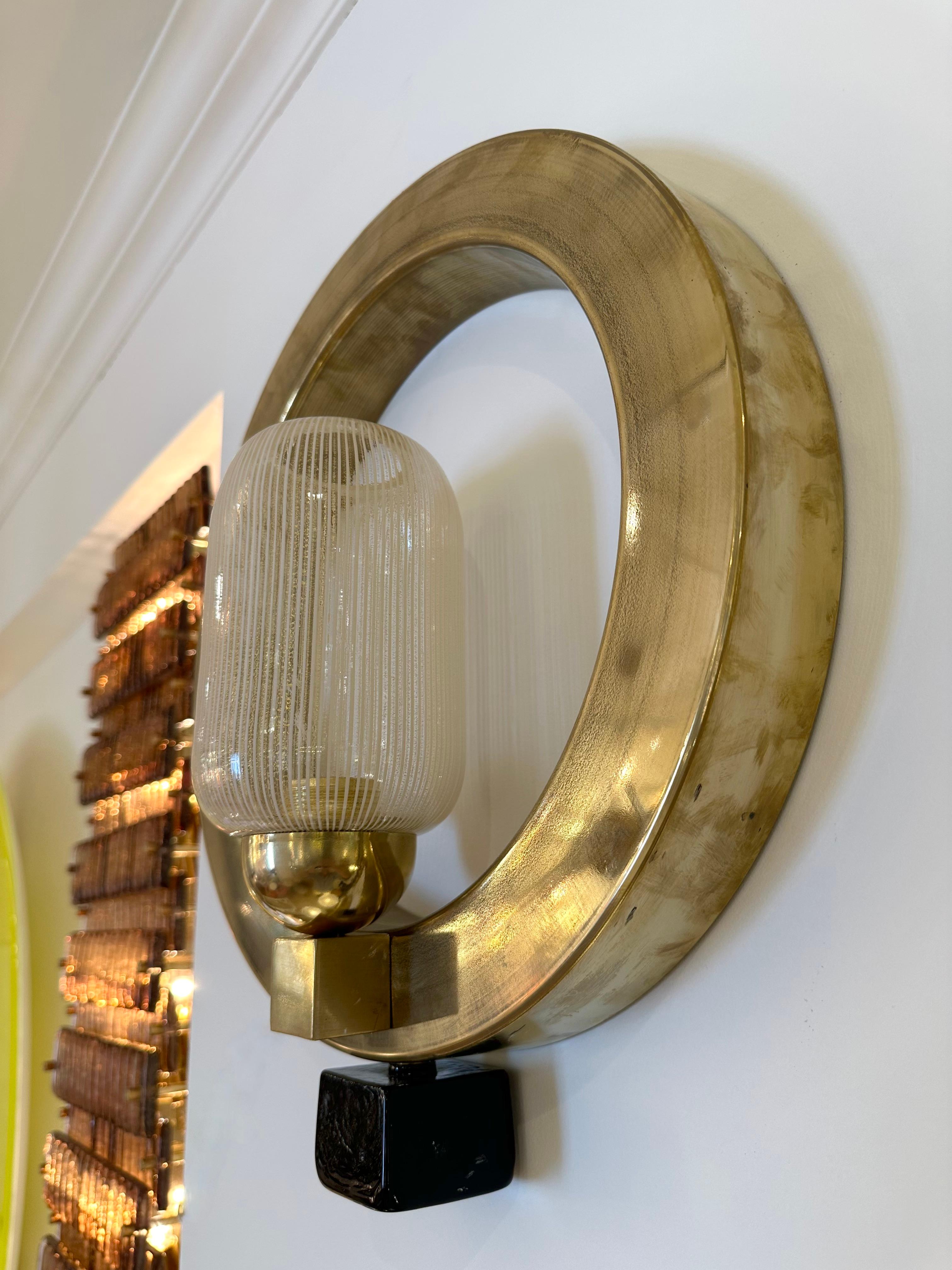 Contemporary Pair of Circle Brass and Murano Glass Sconces, Italy For Sale 5