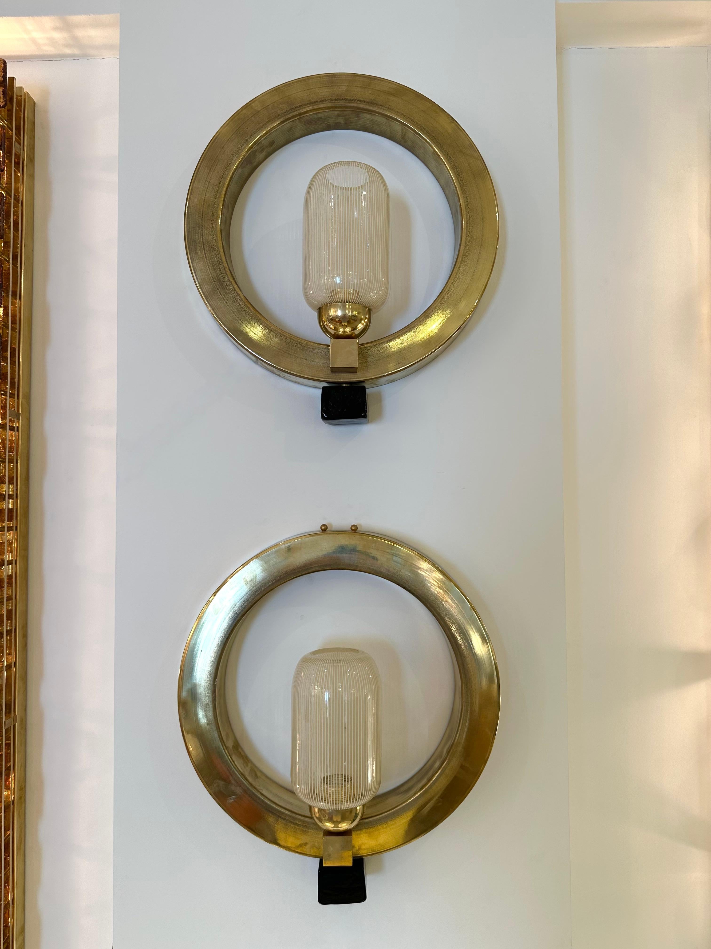 Mid-Century Modern Contemporary Pair of Circle Brass and Murano Glass Sconces, Italy For Sale