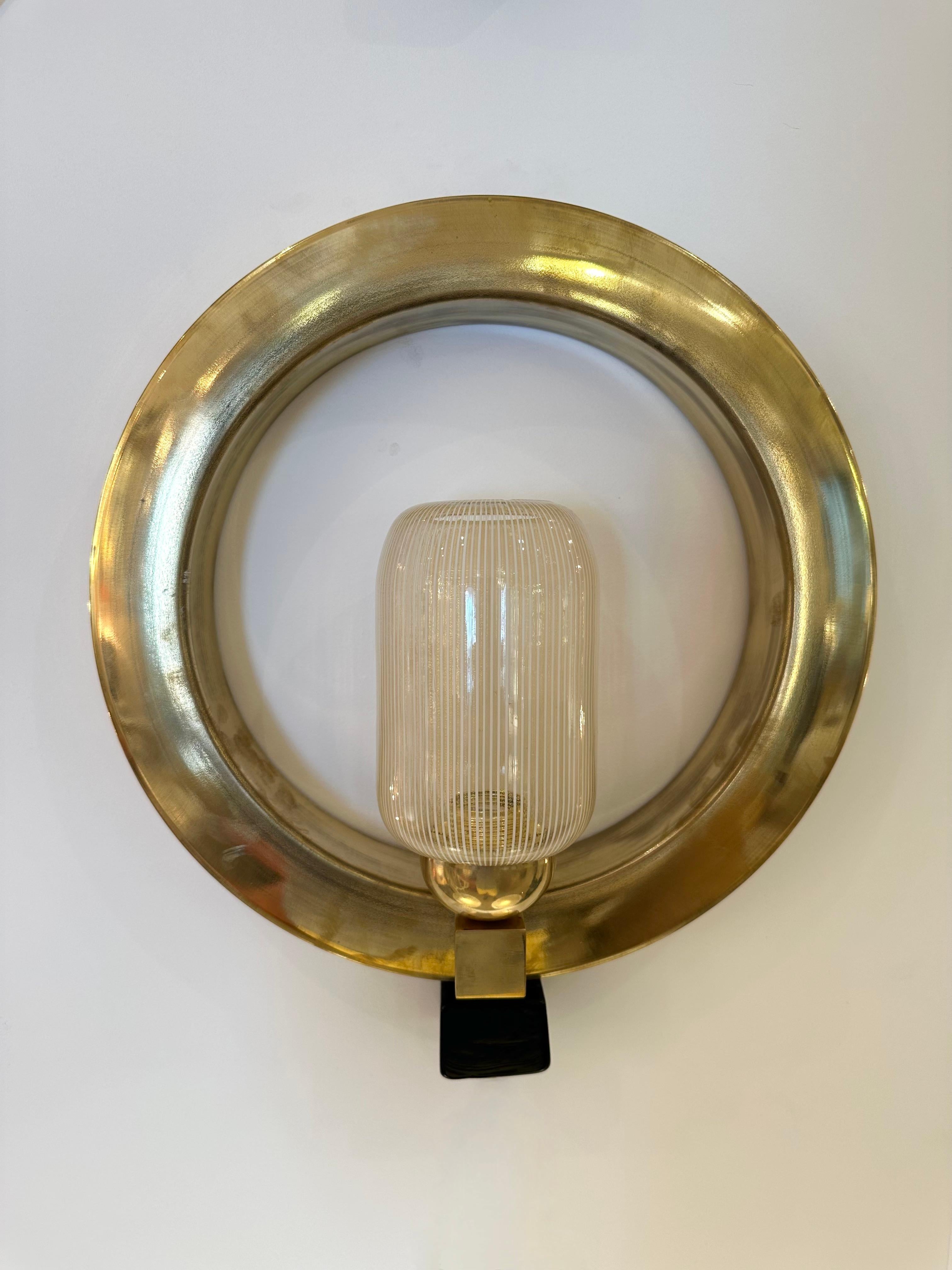 Italian Contemporary Pair of Circle Brass and Murano Glass Sconces, Italy For Sale