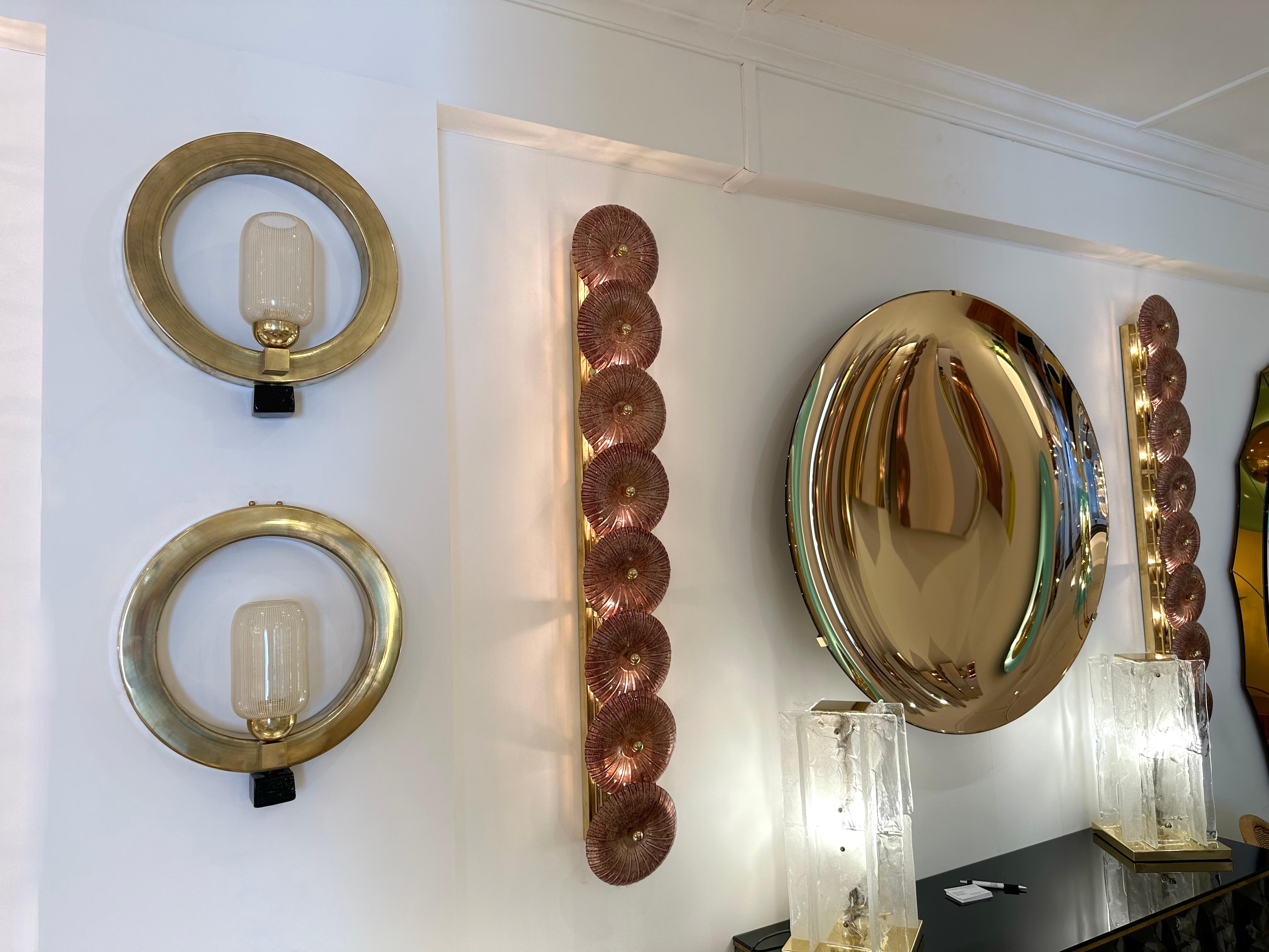 Contemporary Pair of Circle Brass and Murano Glass Sconces, Italy For Sale 4