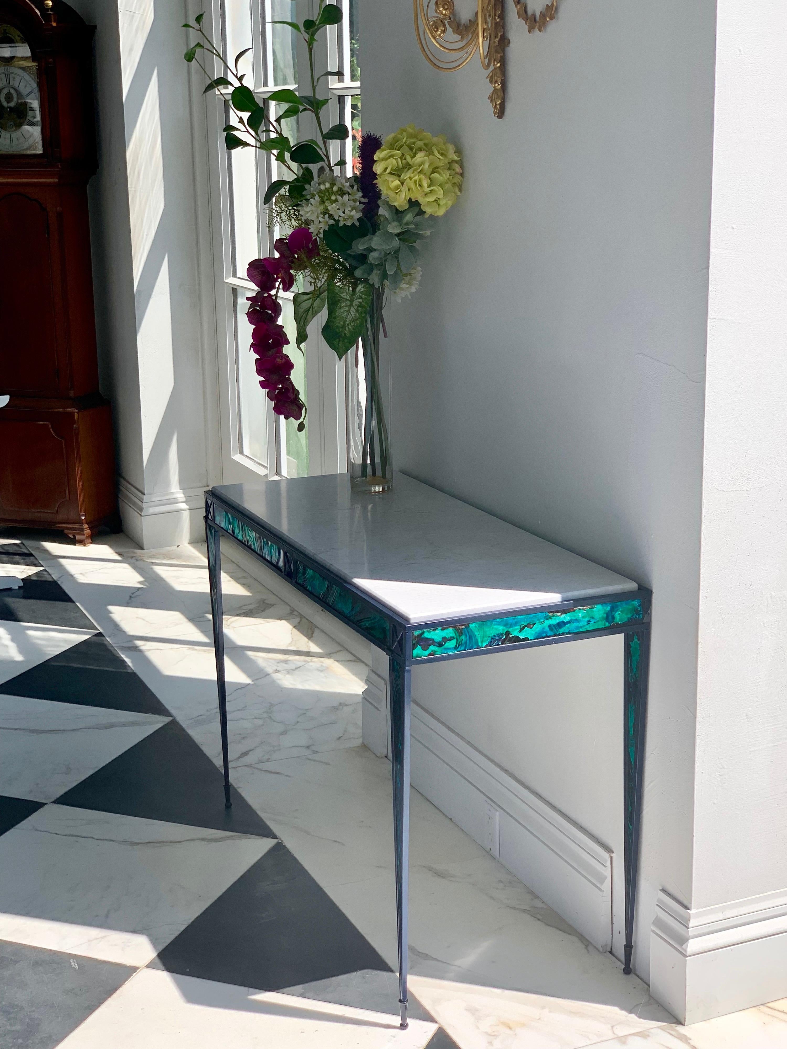 American Pair of Contemporary Glass Inlay Console Tables For Sale