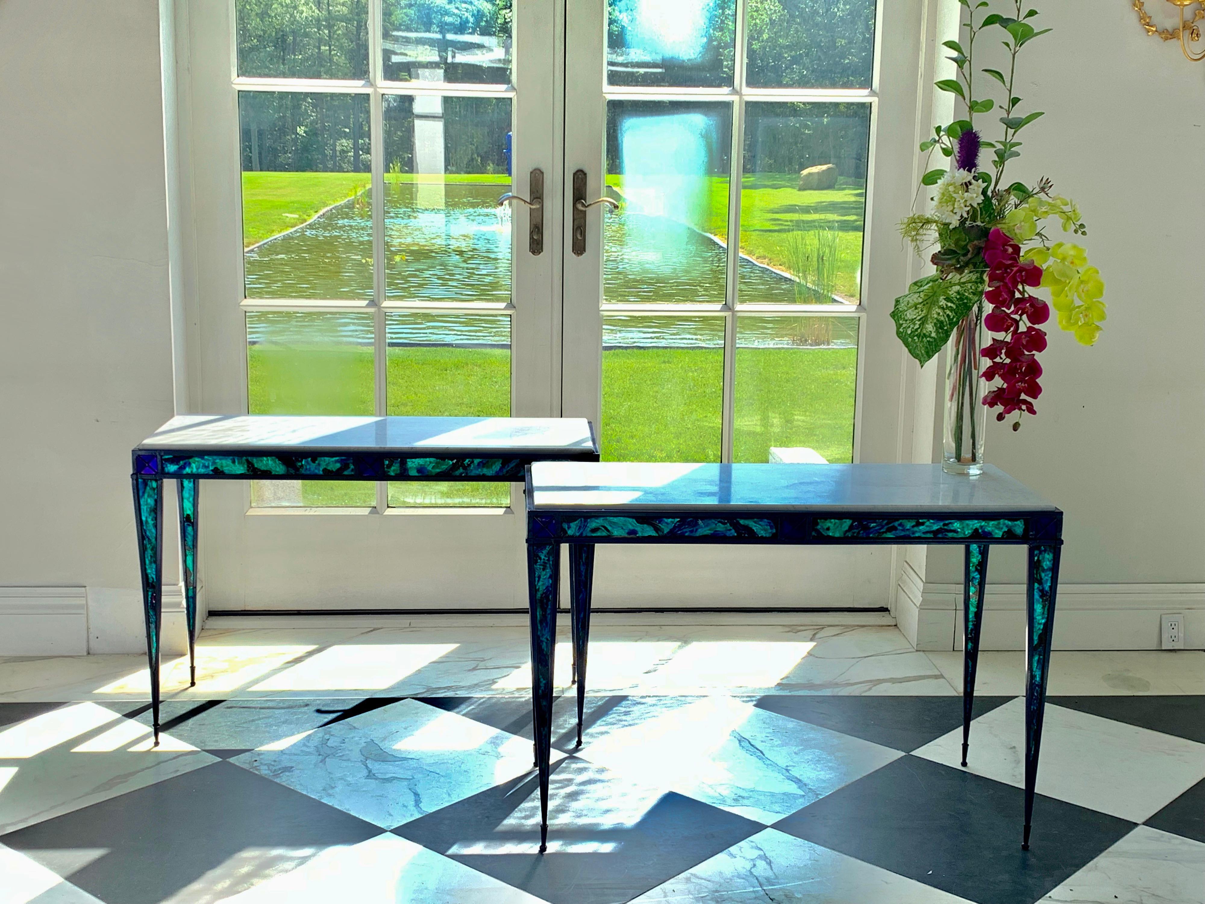 Pair of Contemporary Glass Inlay Console Tables In Excellent Condition For Sale In New Haven, CT