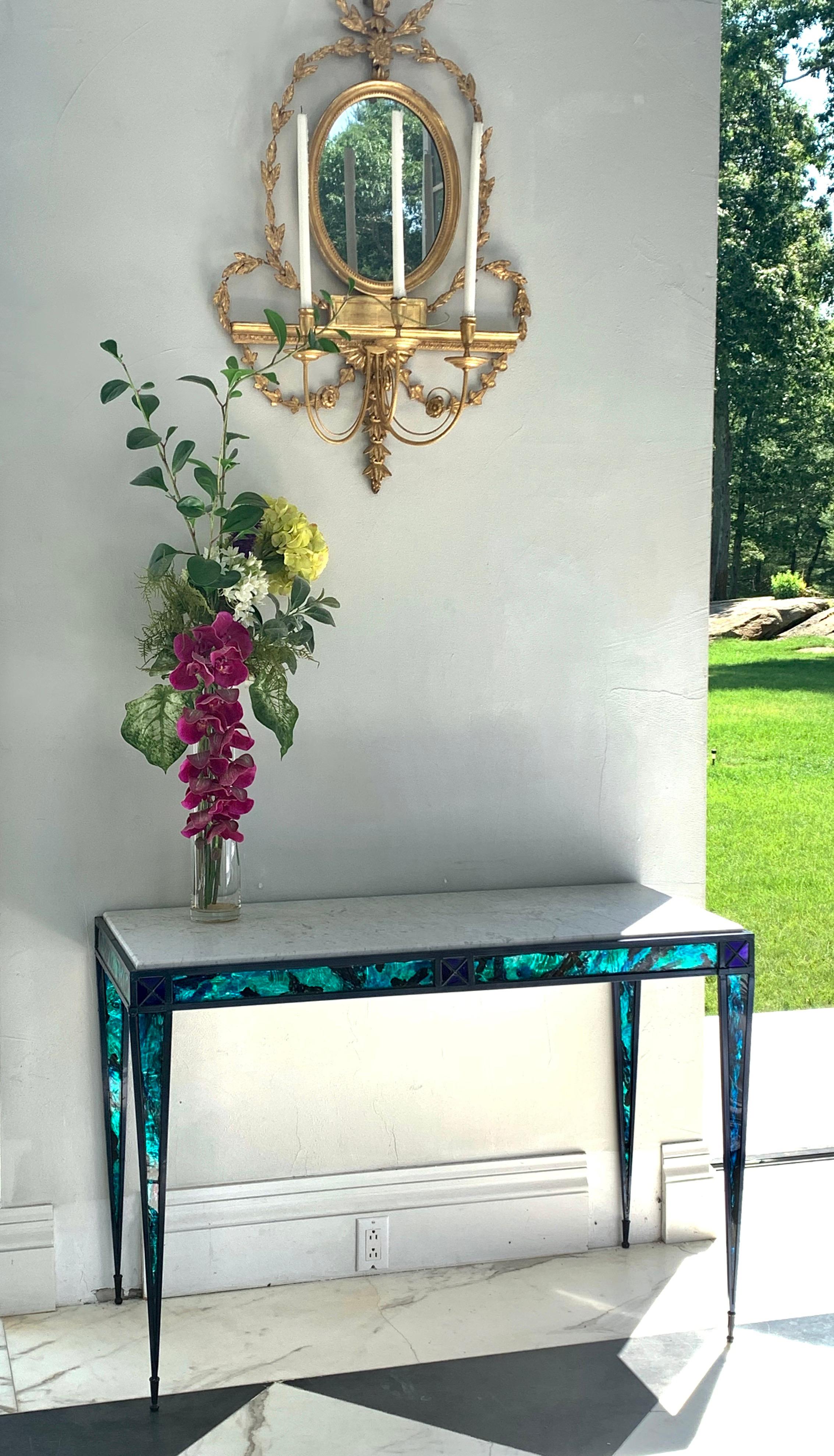 Carrara Marble Pair of Contemporary Glass Inlay Console Tables For Sale