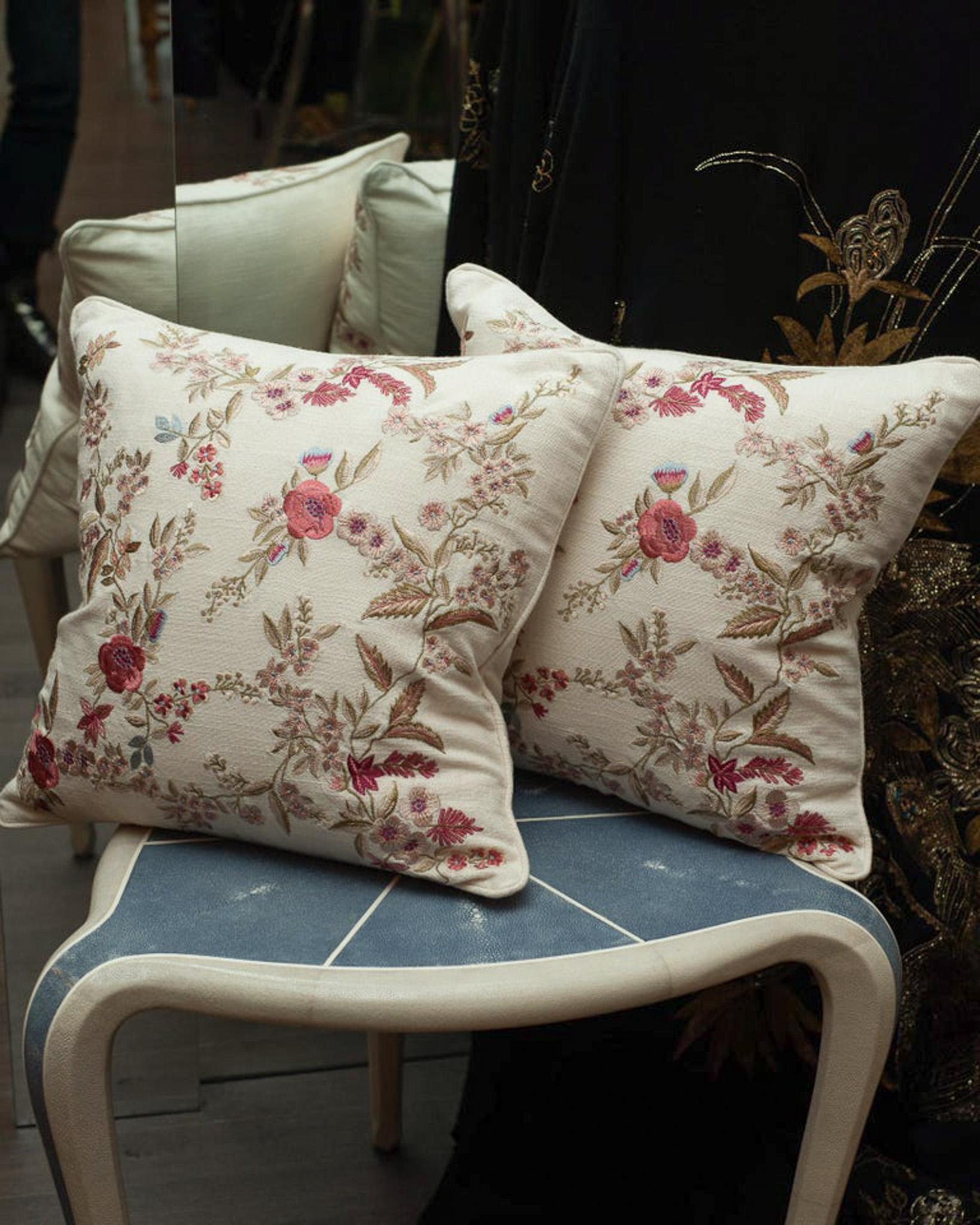 German Contemporary Pair of Cotton Pillows with Ornate Floral Embroidery For Sale