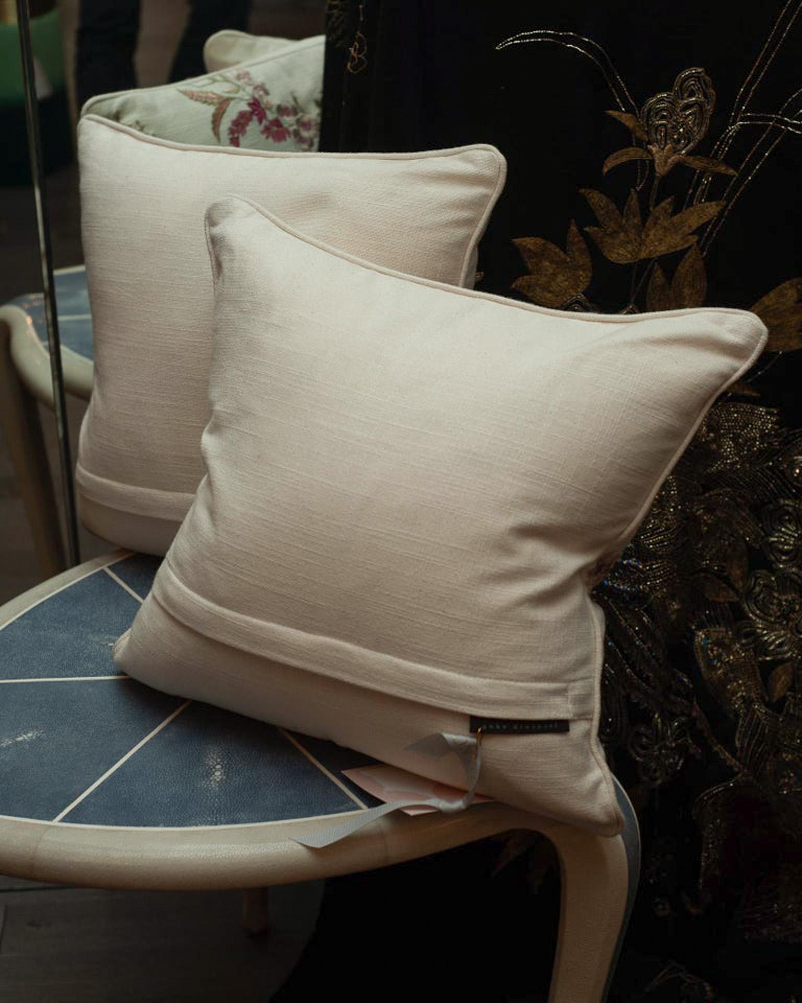 Contemporary Pair of Cotton Pillows with Ornate Floral Embroidery For Sale 1
