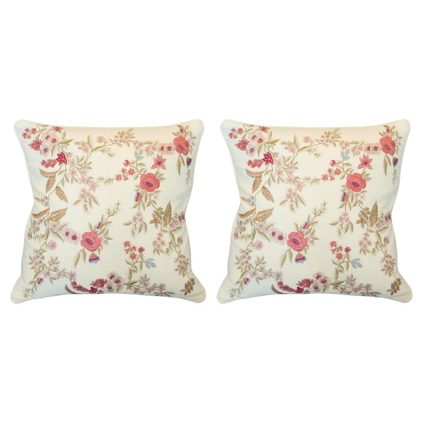 Contemporary Pair of Cotton Pillows with Ornate Floral Embroidery For Sale