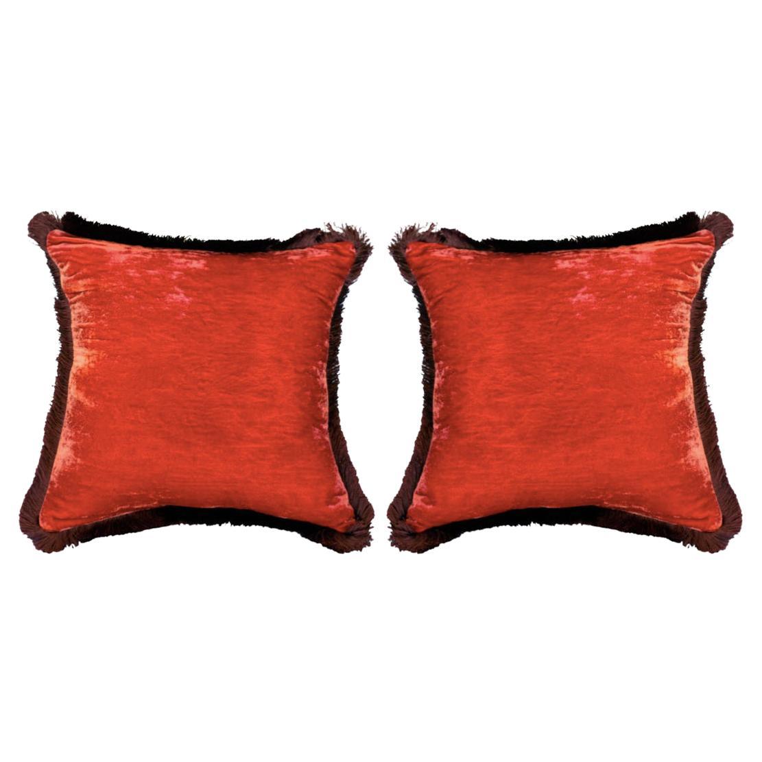 Contemporary Pair of Dark Rose Silk Velvet Pillows with Fringe Border