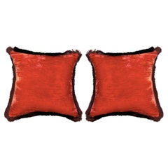 Contemporary Pair of Dark Rose Silk Velvet Pillows with Fringe Border