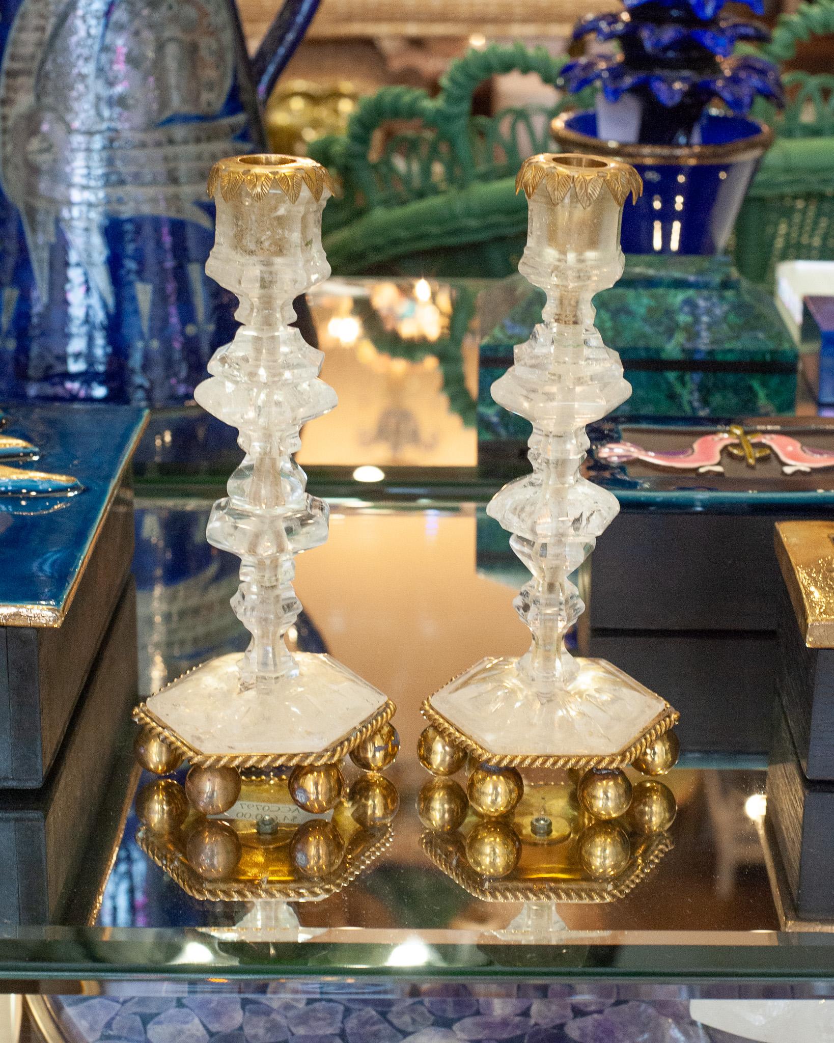 French Contemporary Pair of Finely Carved Clear Rock Crystal Quartz Candlesticks For Sale