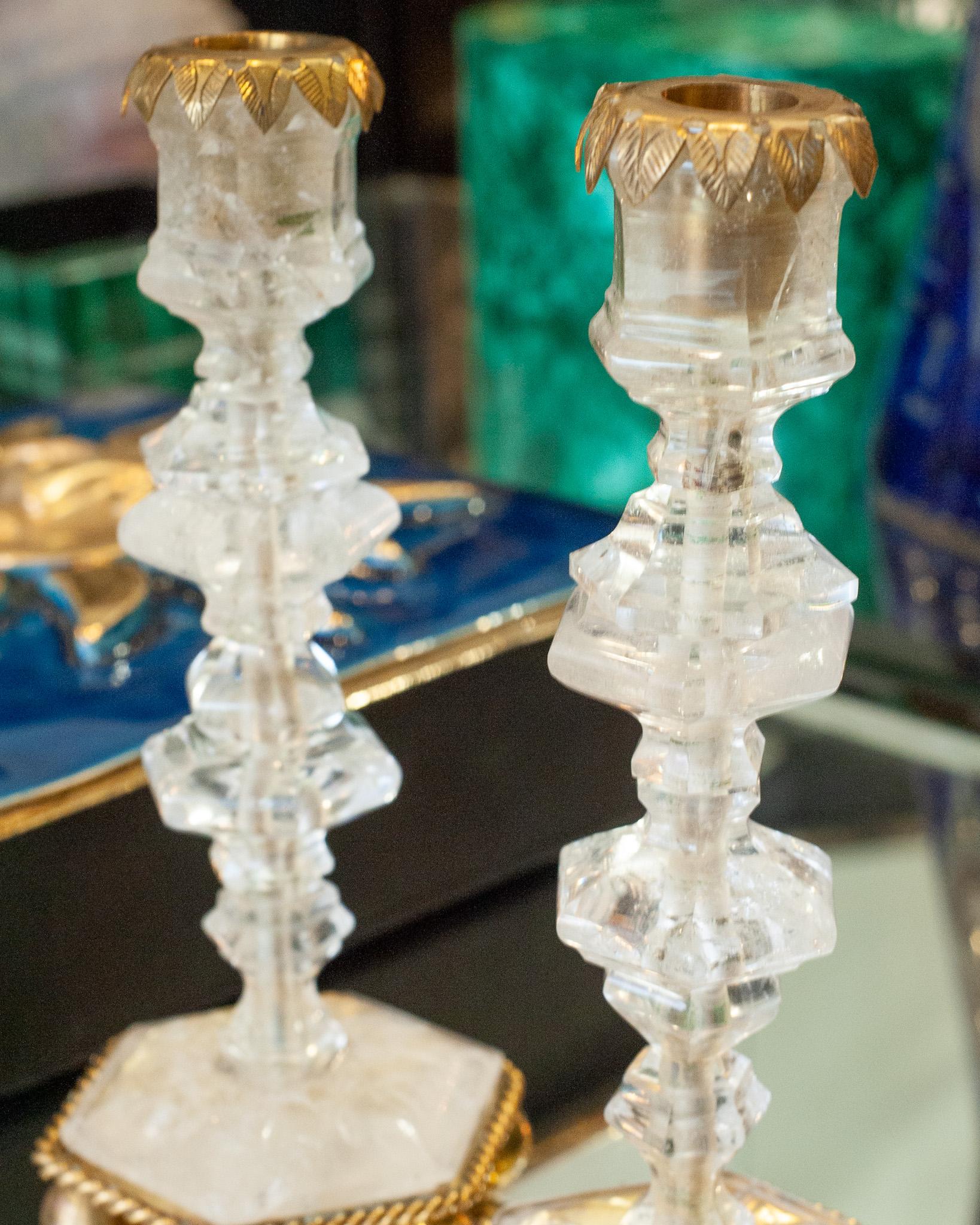 Contemporary Pair of Finely Carved Clear Rock Crystal Quartz Candlesticks In New Condition For Sale In Toronto, ON