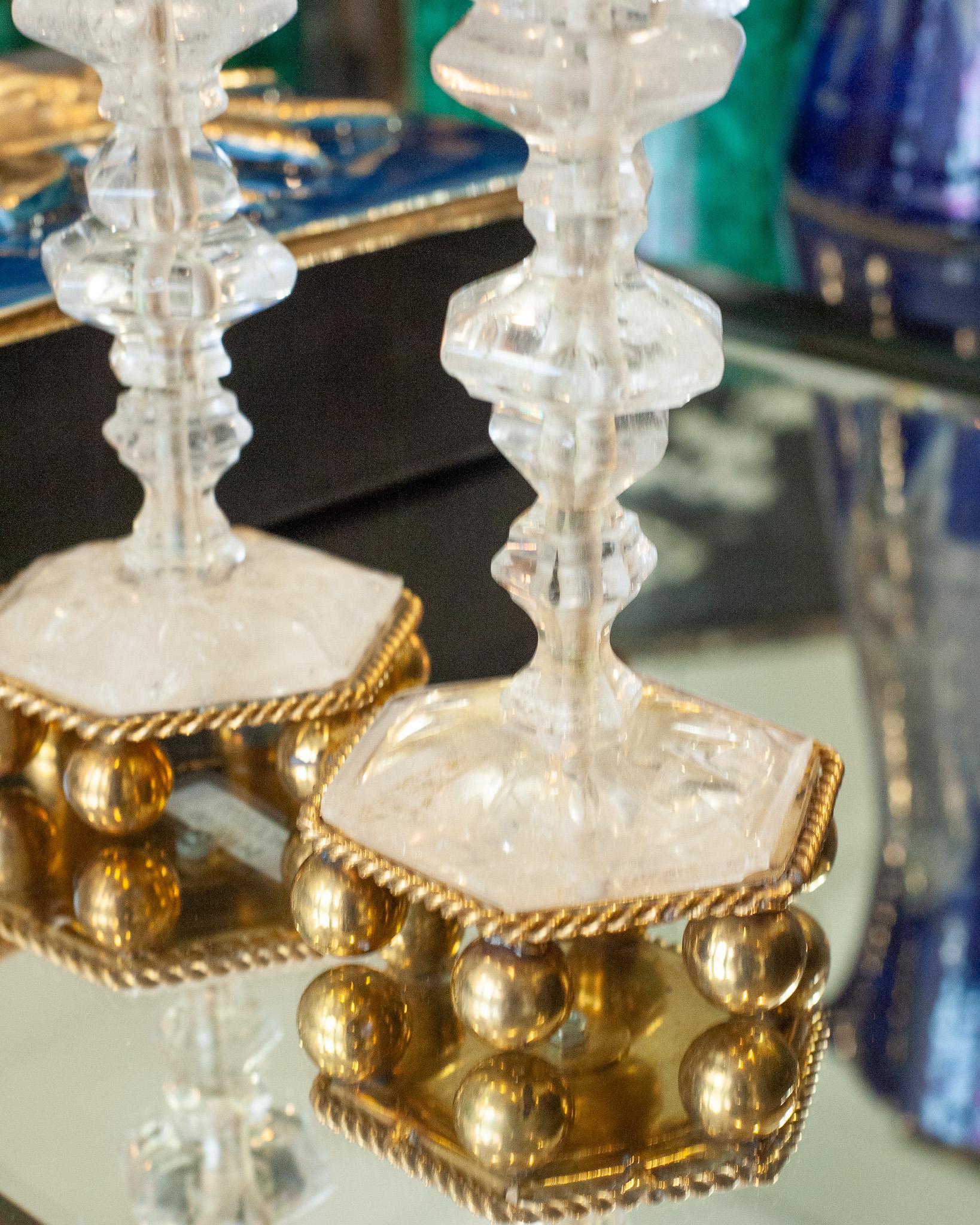 Brass Contemporary Pair of Finely Carved Clear Rock Crystal Quartz Candlesticks For Sale