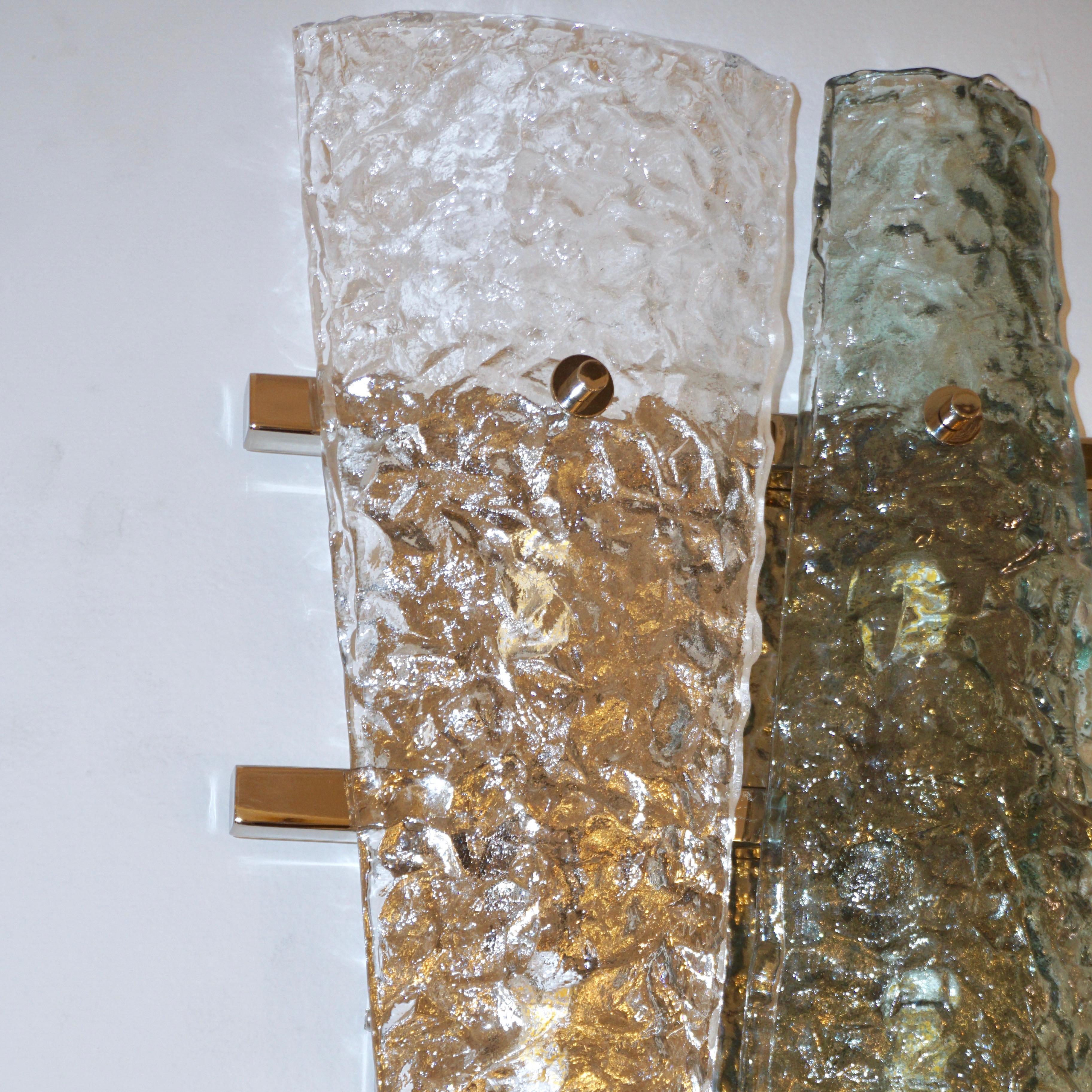 Contemporary Pair of Geometric Crystal & Aqua Green Murano Glass Nickel Sconces For Sale 3