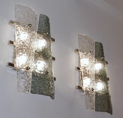 Contemporary Pair of Geometric Crystal & Aqua Green Murano Glass Nickel Sconces