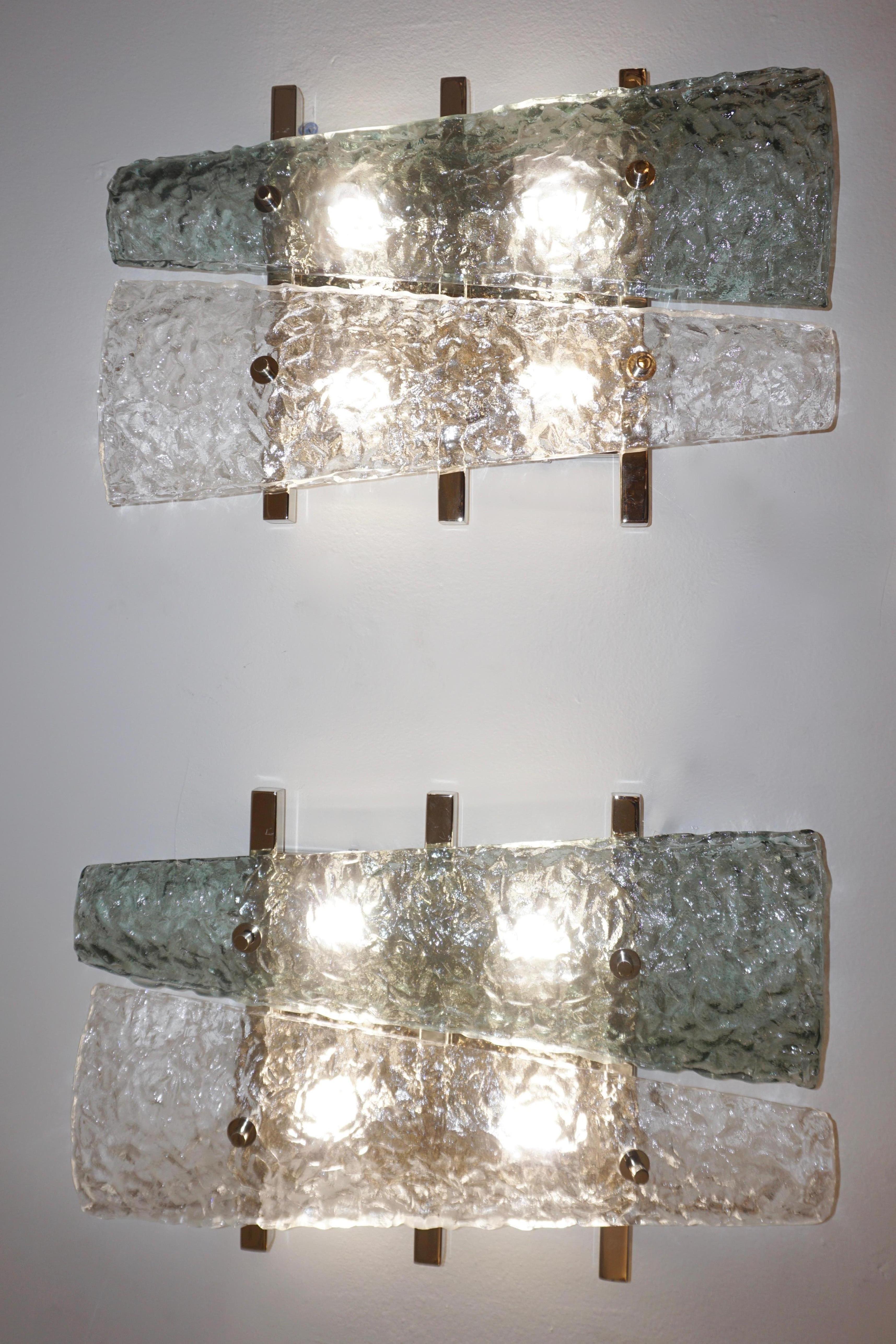 Organic Modern Contemporary Pair of Geometric Crystal & Aqua Green Murano Glass Nickel Sconces For Sale