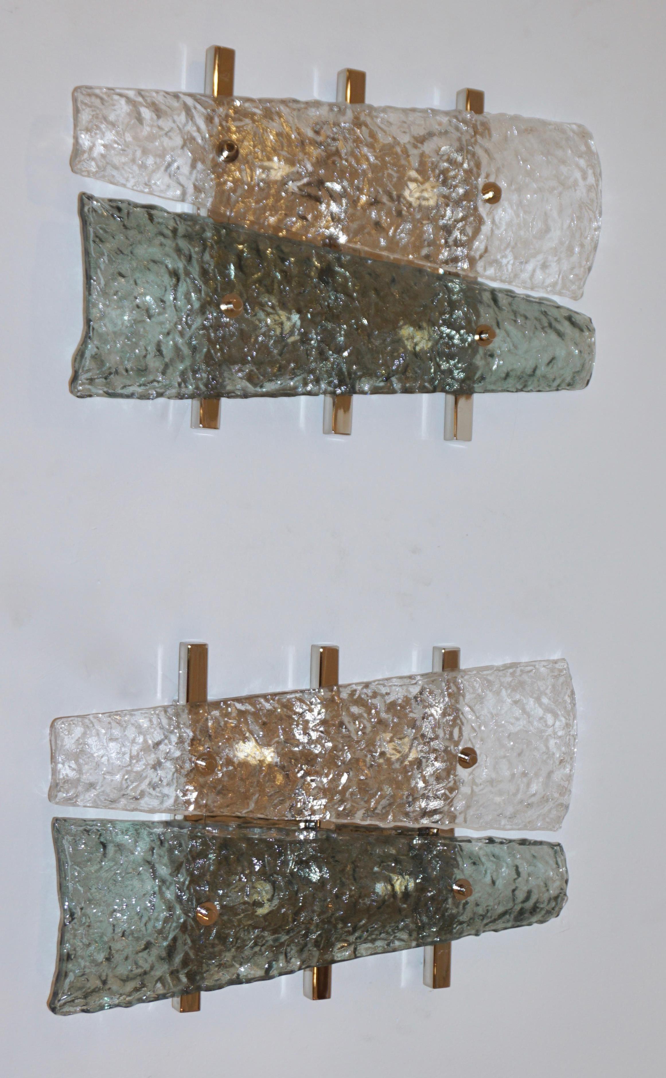 Italian Contemporary Pair of Geometric Crystal & Aqua Green Murano Glass Nickel Sconces For Sale