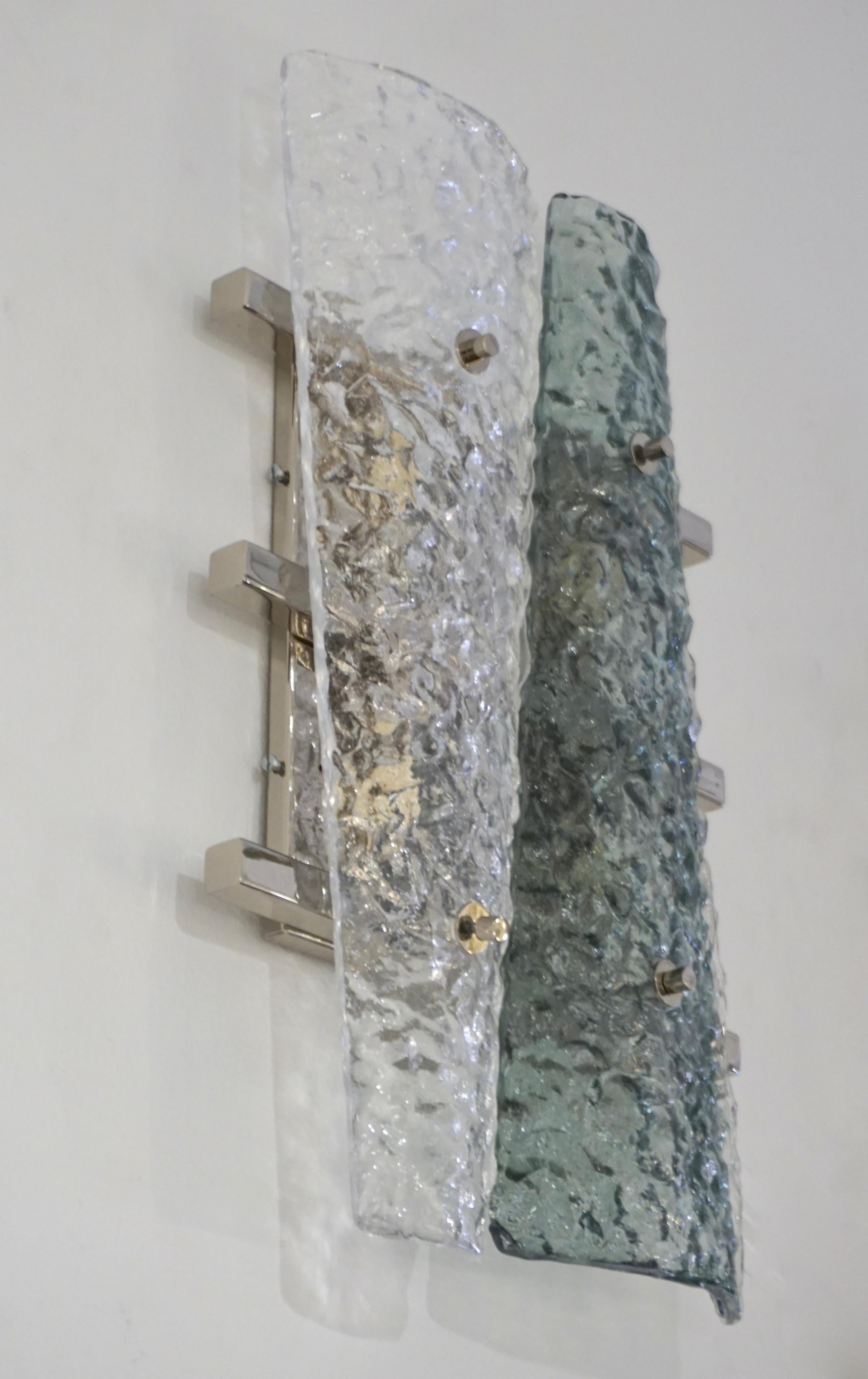Zeitgenössisches Paar geometrischer Wandleuchten, Kristall & Aqua, Grün, Muranoglas, Nickel  im Zustand „Neu“ im Angebot in New York, NY