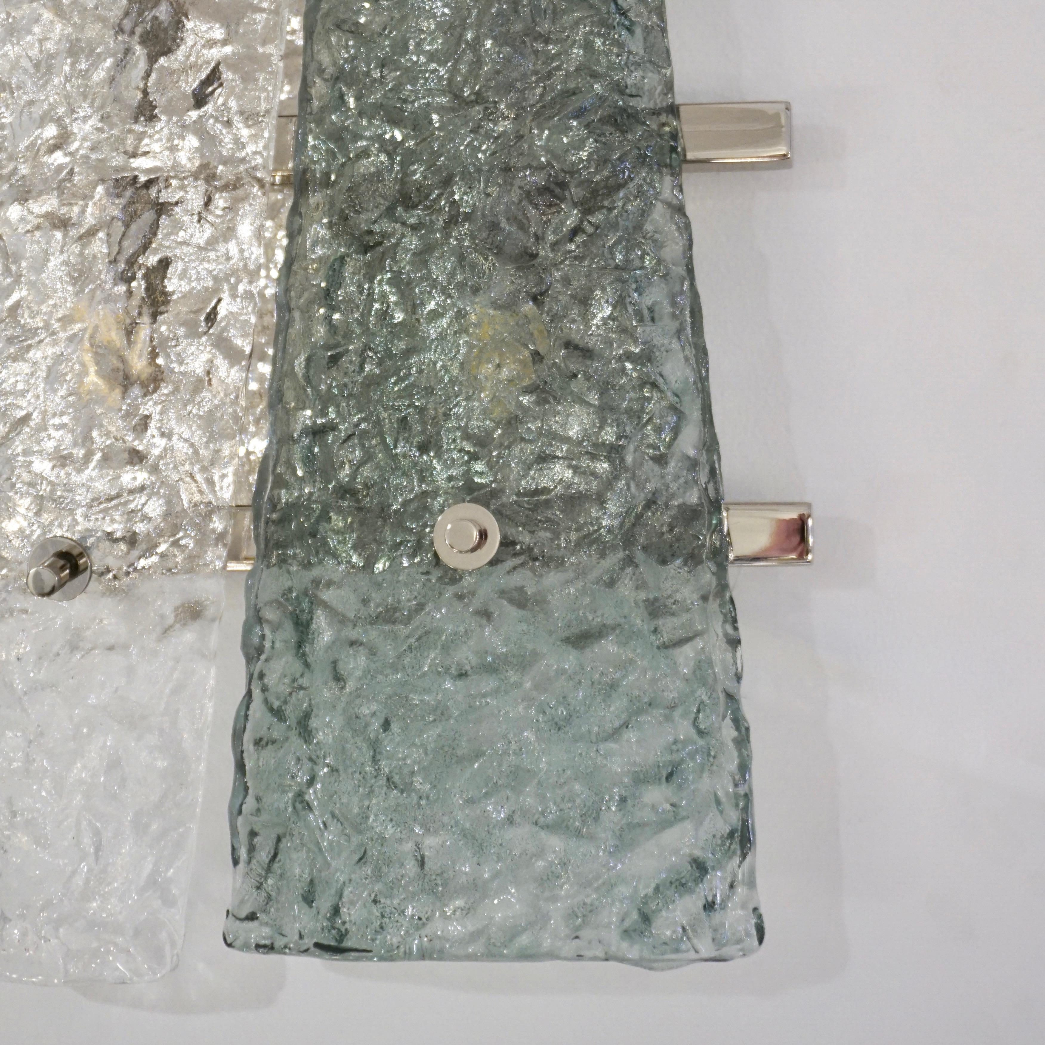 Contemporary Pair of Geometric Crystal & Aqua Green Murano Glass Nickel Sconces For Sale 1