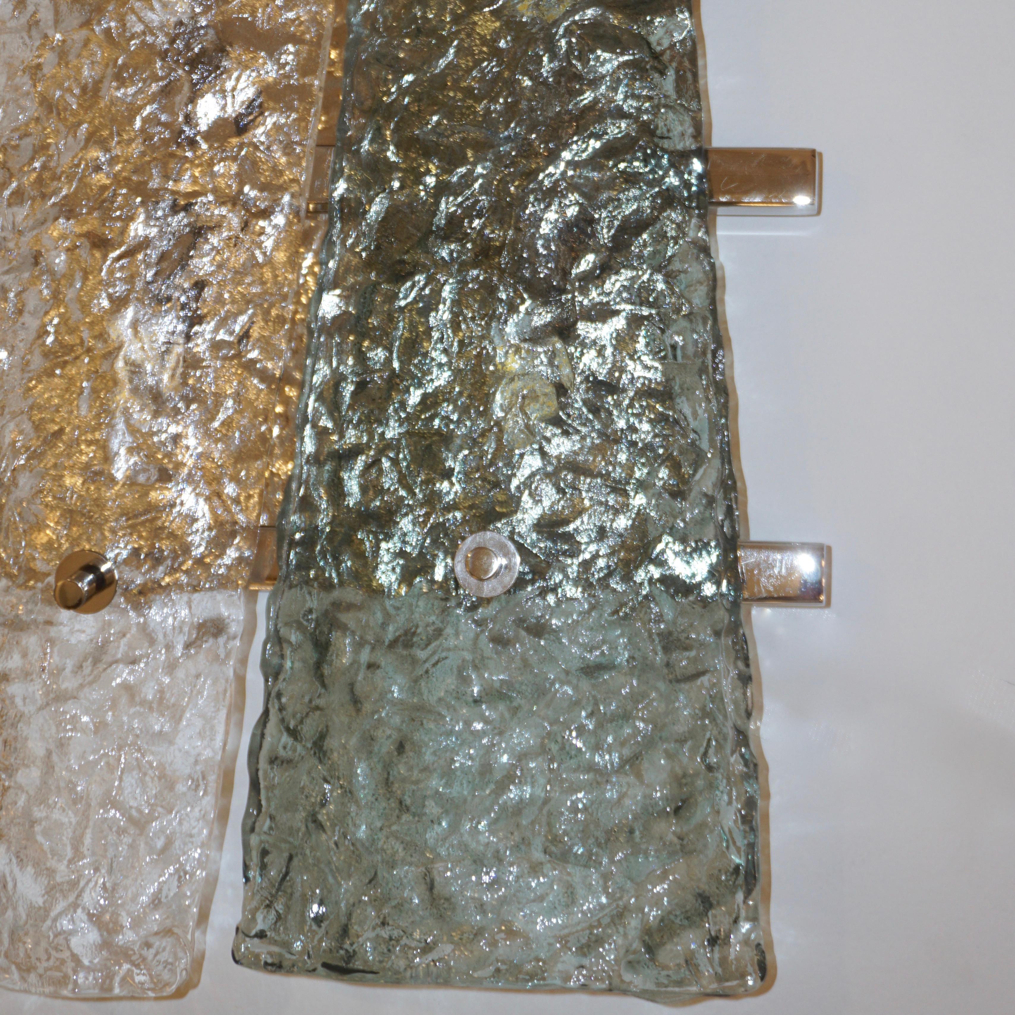 Contemporary Pair of Geometric Crystal & Aqua Green Murano Glass Nickel Sconces For Sale 2