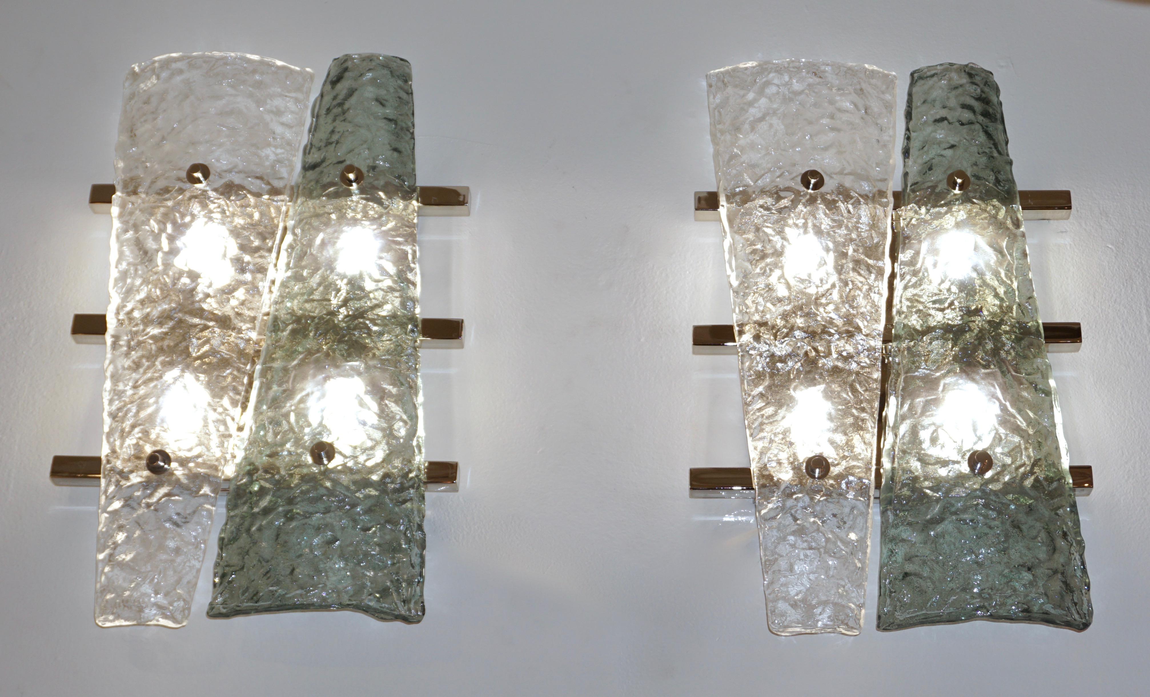 Contemporary Pair of Geometric Crystal & Aqua Green Murano Glass Nickel Sconces For Sale 3
