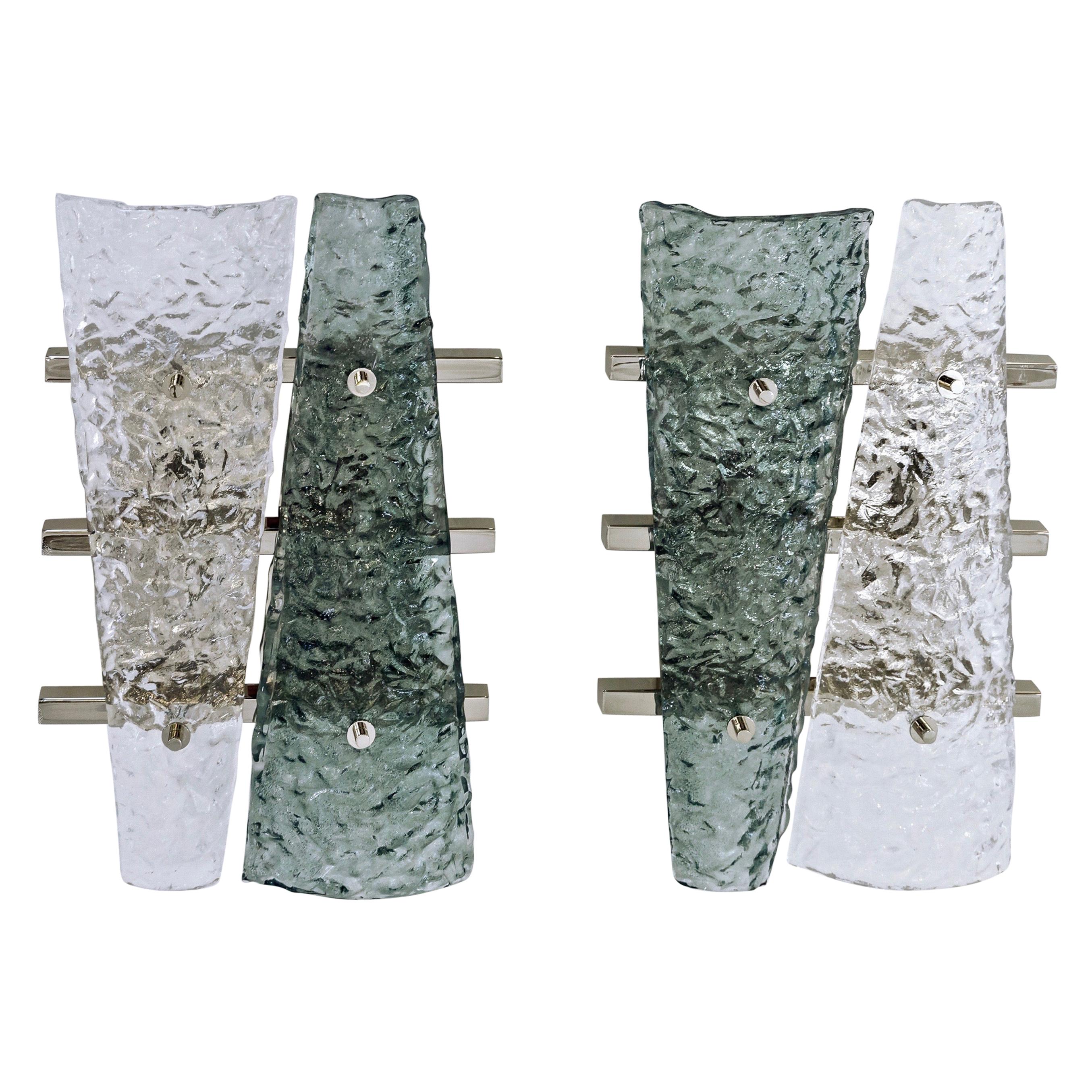 Contemporary Pair of Geometric Crystal & Aqua Green Murano Glass Nickel Sconces For Sale