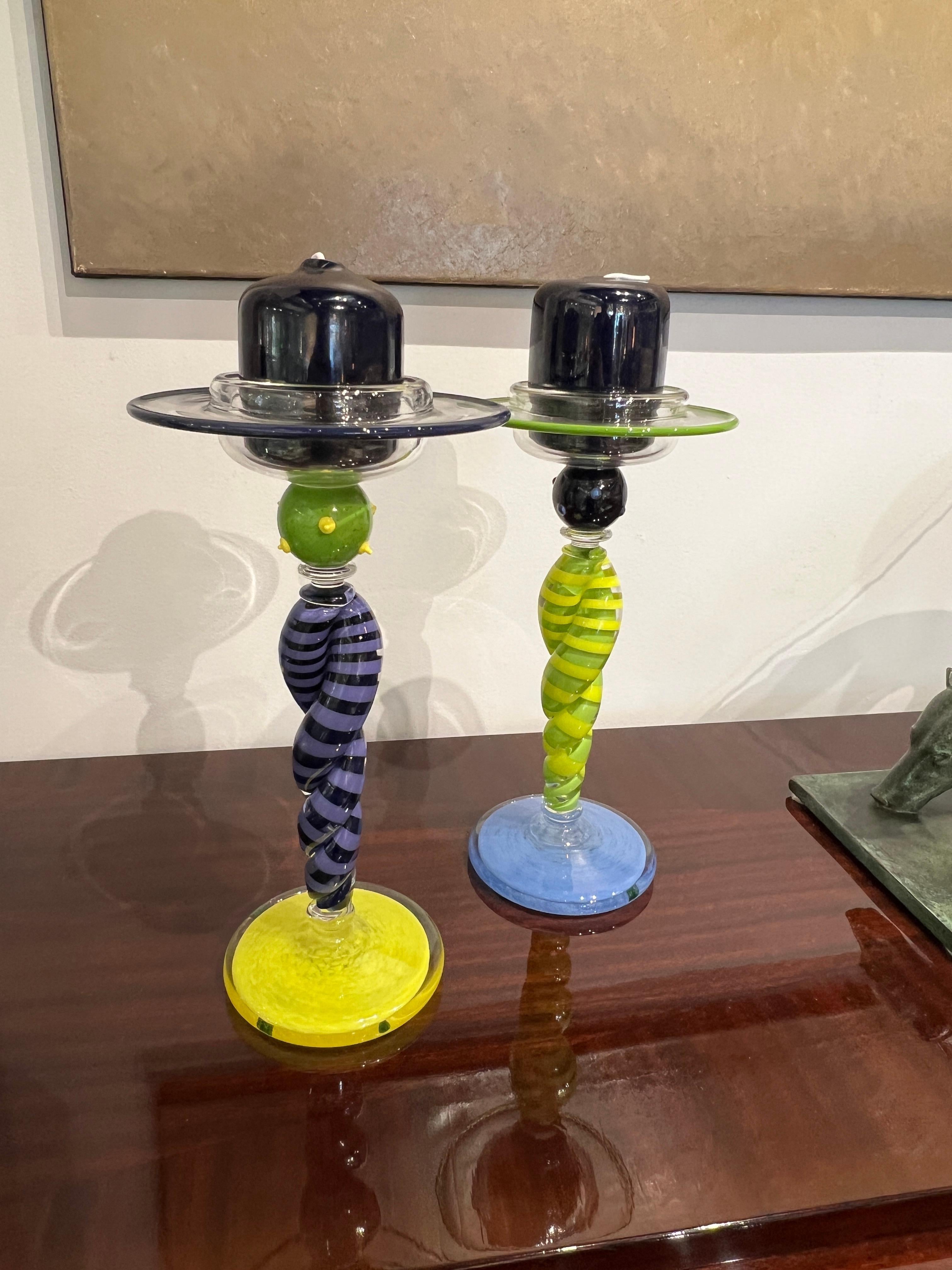 Contemporary Pair of Glass Candlesticks In Good Condition For Sale In Miami, FL