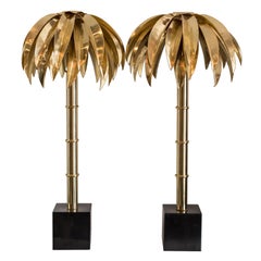 Contemporary Pair of Gold Brass Palm Tree Table Lamps