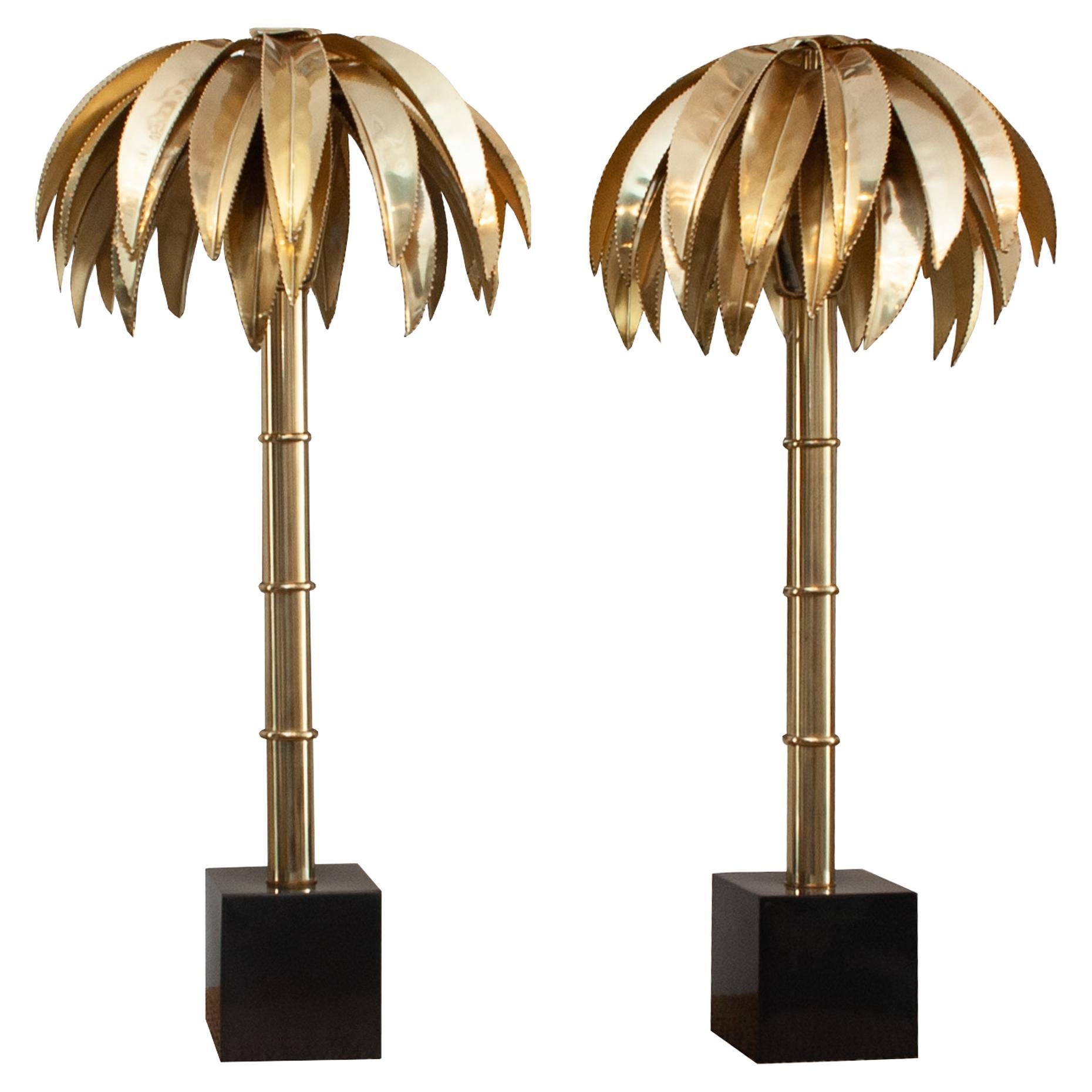 Contemporary Pair of Gold Brass Palm Tree Table Lamps For Sale
