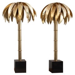 Contemporary Pair of Gold Brass Palm Tree Table Lamps