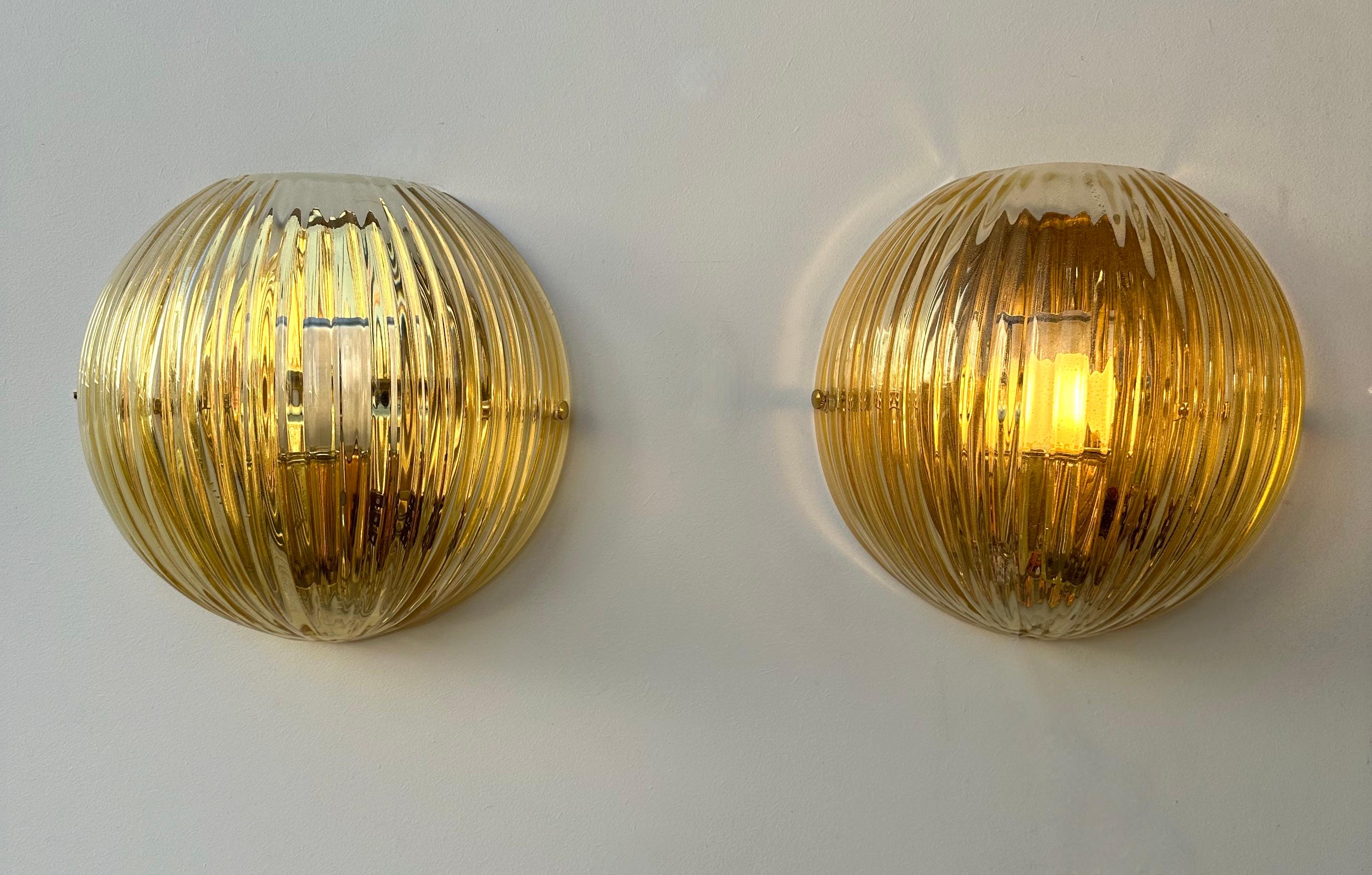 Contemporary Mid-Century Modern Space Age style yellow gold leaf Murano glass half ball wall lamps lights lighting sconces. Famous manufacture designer like Barovier Toso Fabbian, Venini, Veronese, La Murrina, Aldo Carlo Nason, Stilnovo, Joe
