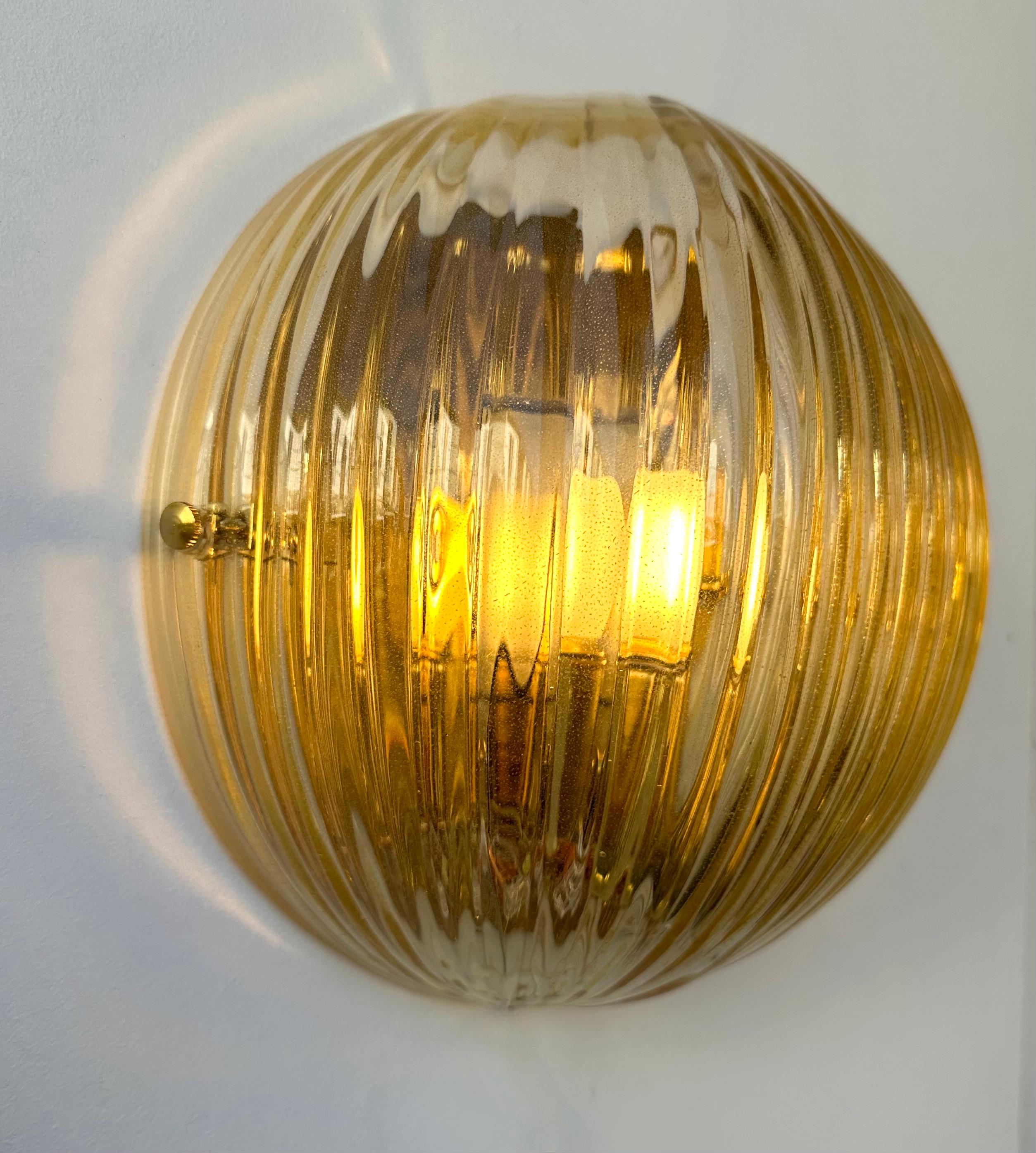 Italian Contemporary Pair of Gold Leaf Murano Glass Half Ball Sconces, Italy, 2000s For Sale