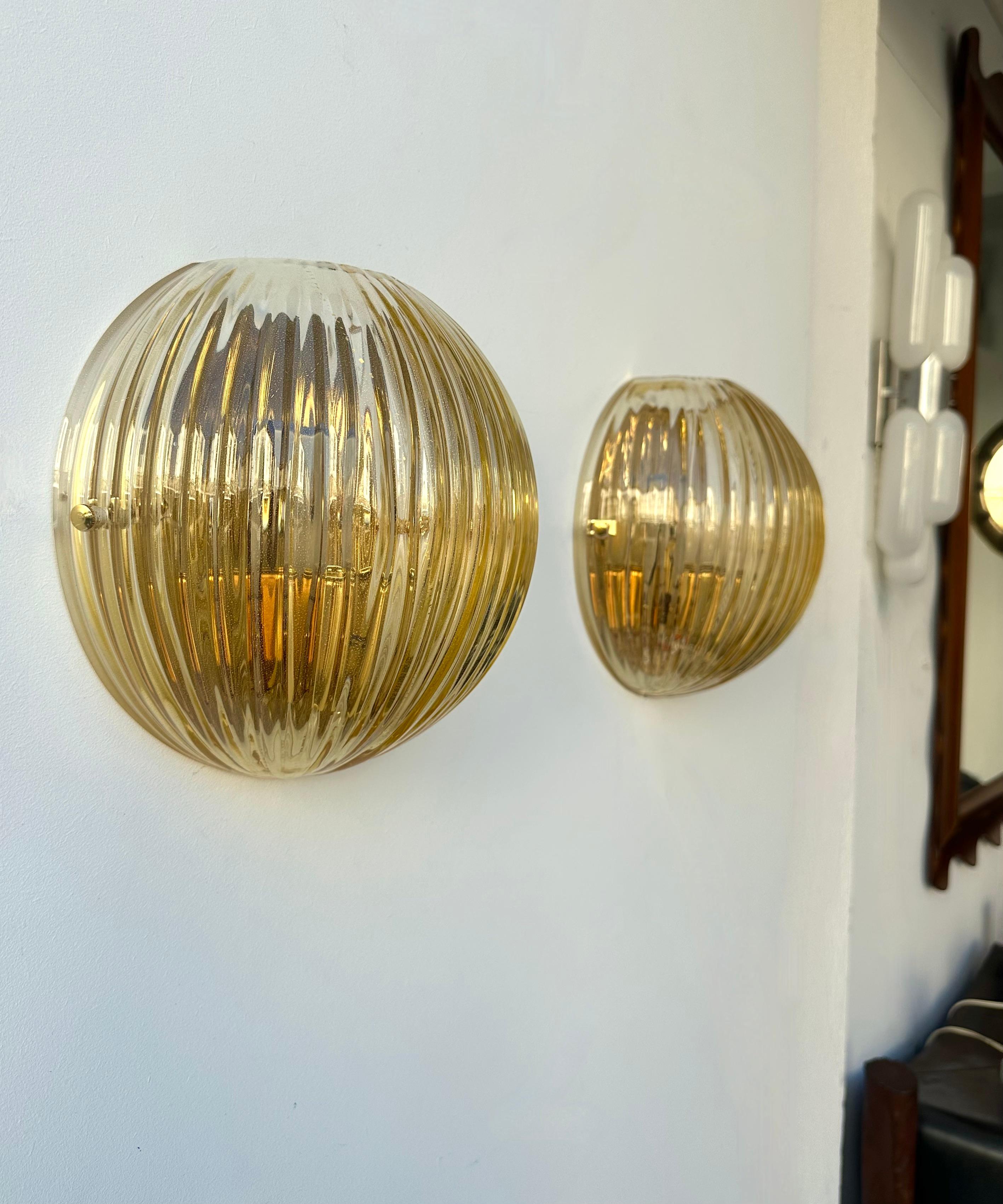 Brass Contemporary Pair of Gold Leaf Murano Glass Half Ball Sconces, Italy, 2000s For Sale