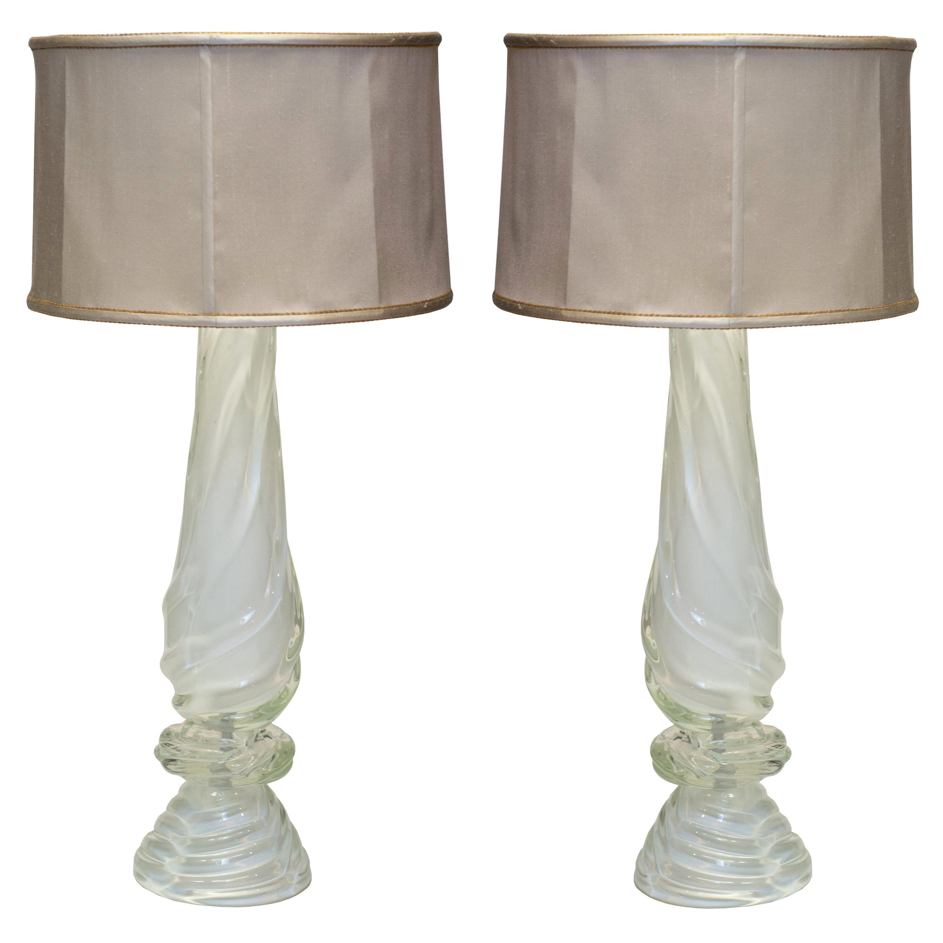 Contemporary Pair of Grand White Murano Glass Lamps with Custom Silk Shades