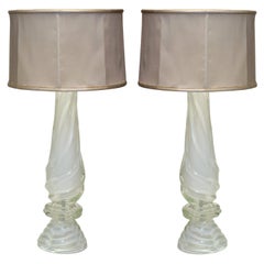 Contemporary Pair of Grand White Murano Glass Lamps with Custom Silk Shades