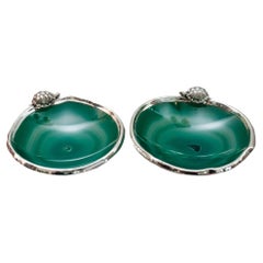 Contemporary Pair of  Green Agate Bowls with Handmade Sterling Silver Tortoises