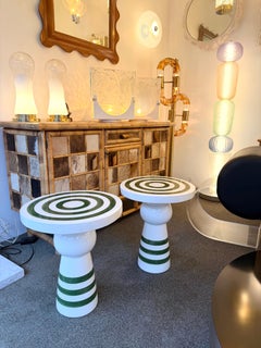 Contemporary Pair of Green and White Ceramic Stripe Side Tables. Italy