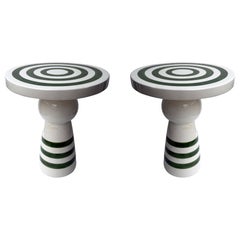 Contemporary Pair of Green and White Ceramic Stripe Side Tables. Italy