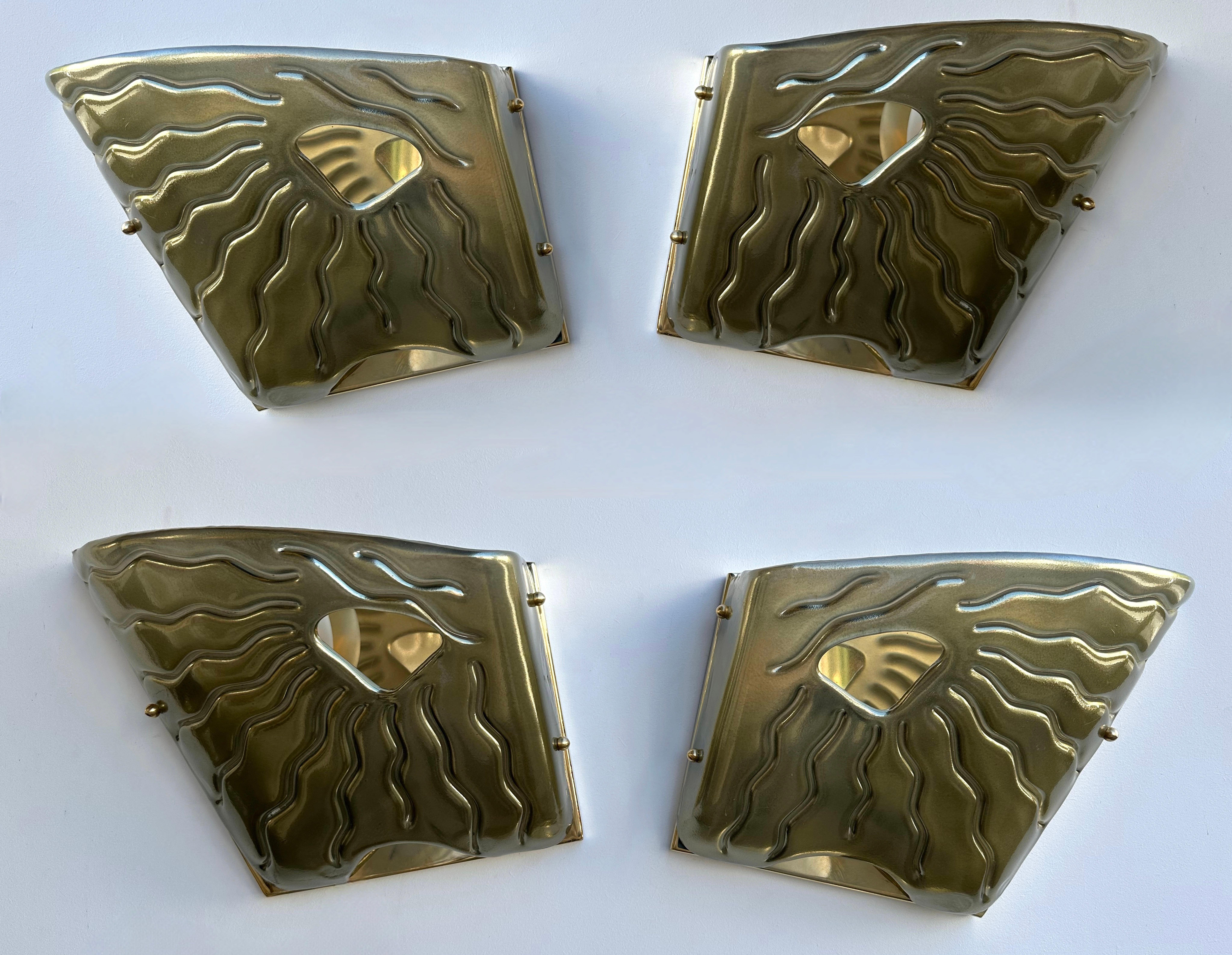 Contemporary Pair of Green Eyes Murano Glass and Brass Sconces, Italy For Sale 5