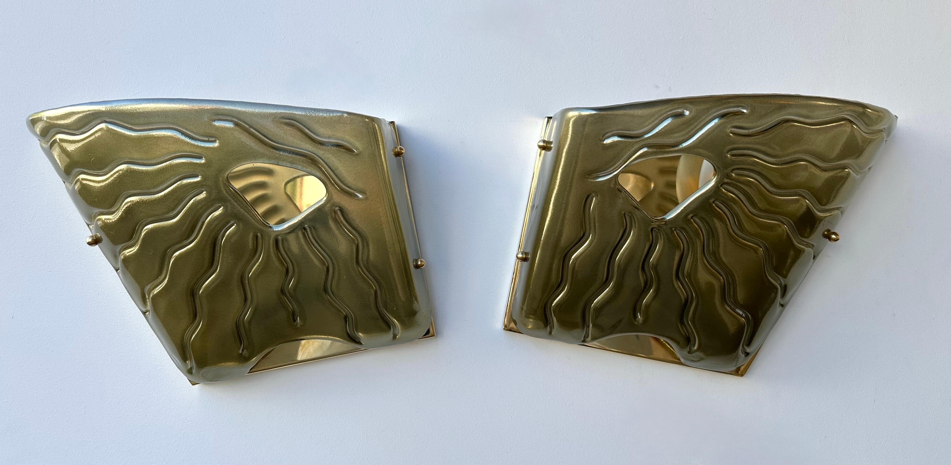 Contemporary Pair of Green Eyes Murano Glass and Brass Sconces, Italy For Sale 3