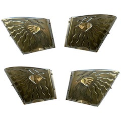 Contemporary Pair of Green Eyes Murano Glass and Brass Sconces, Italy