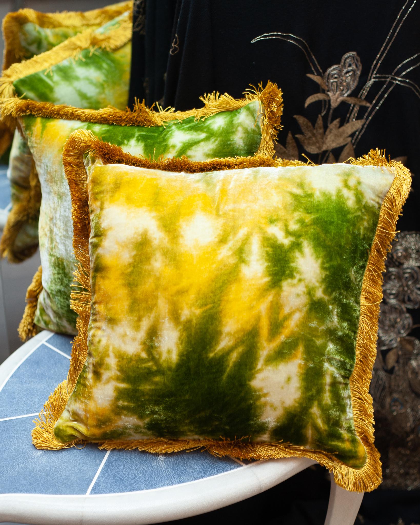 German Contemporary Pair of Green / Yellow Silk Velvet Pillows with Fringe Border