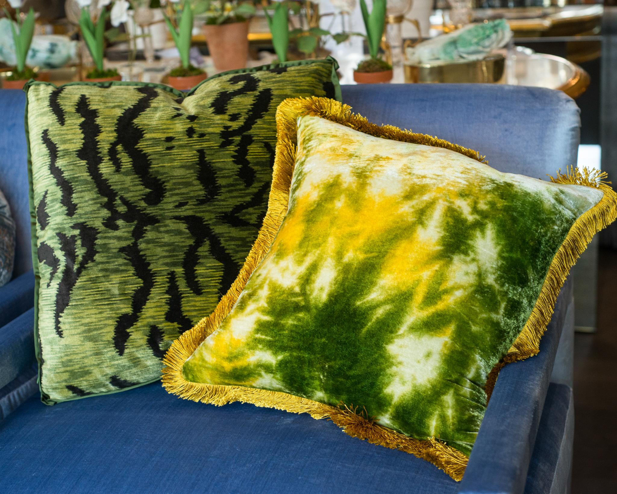 Contemporary Pair of Green / Yellow Silk Velvet Pillows with Fringe Border 1