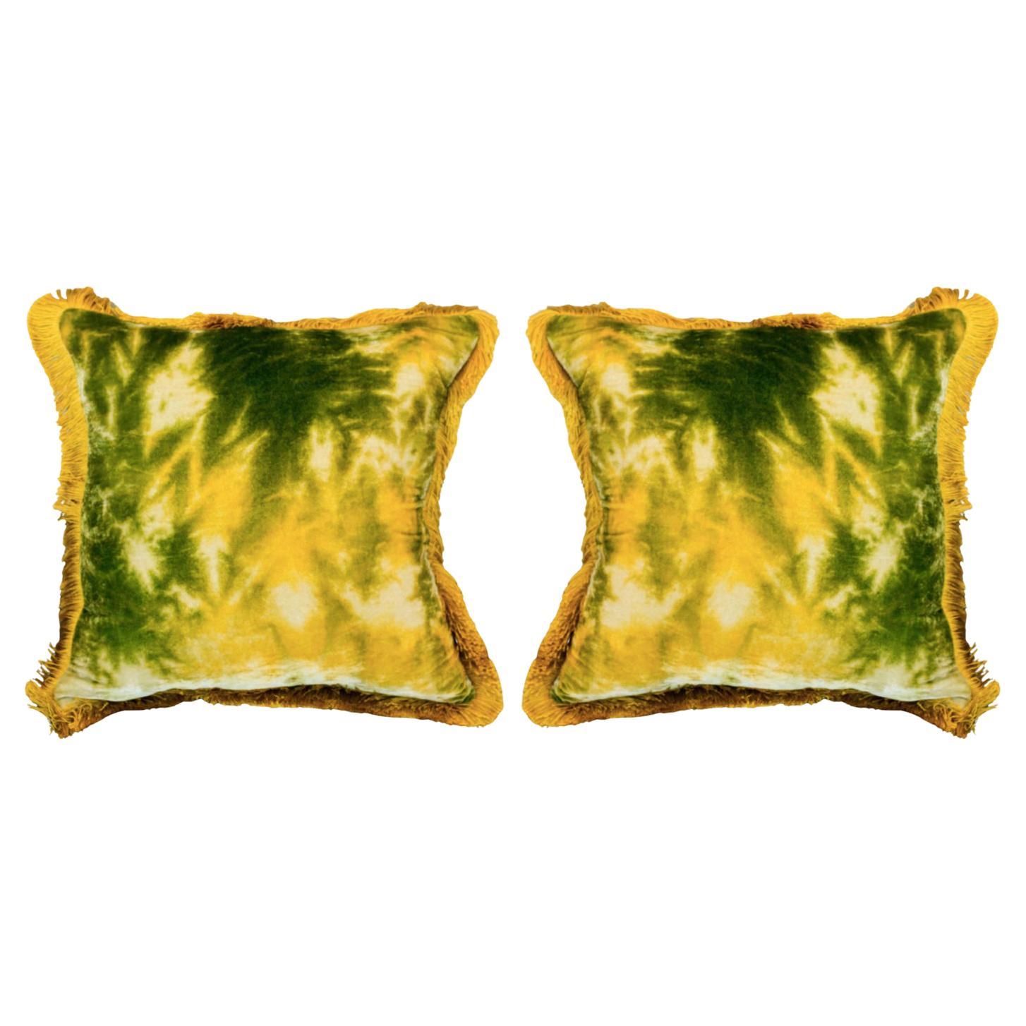 Contemporary Pair of Green / Yellow Silk Velvet Pillows with Fringe Border