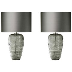 Contemporary Pair of Grey Glass Table Lamps with Silk Lampshade