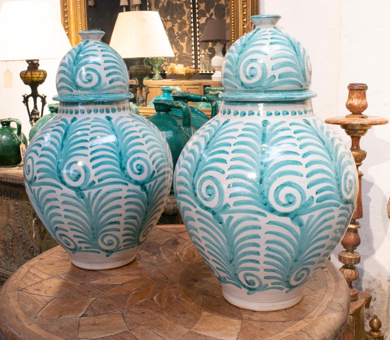 Contemporary Pair of Hand Painted Glazed Terracotta Vases with Lids For