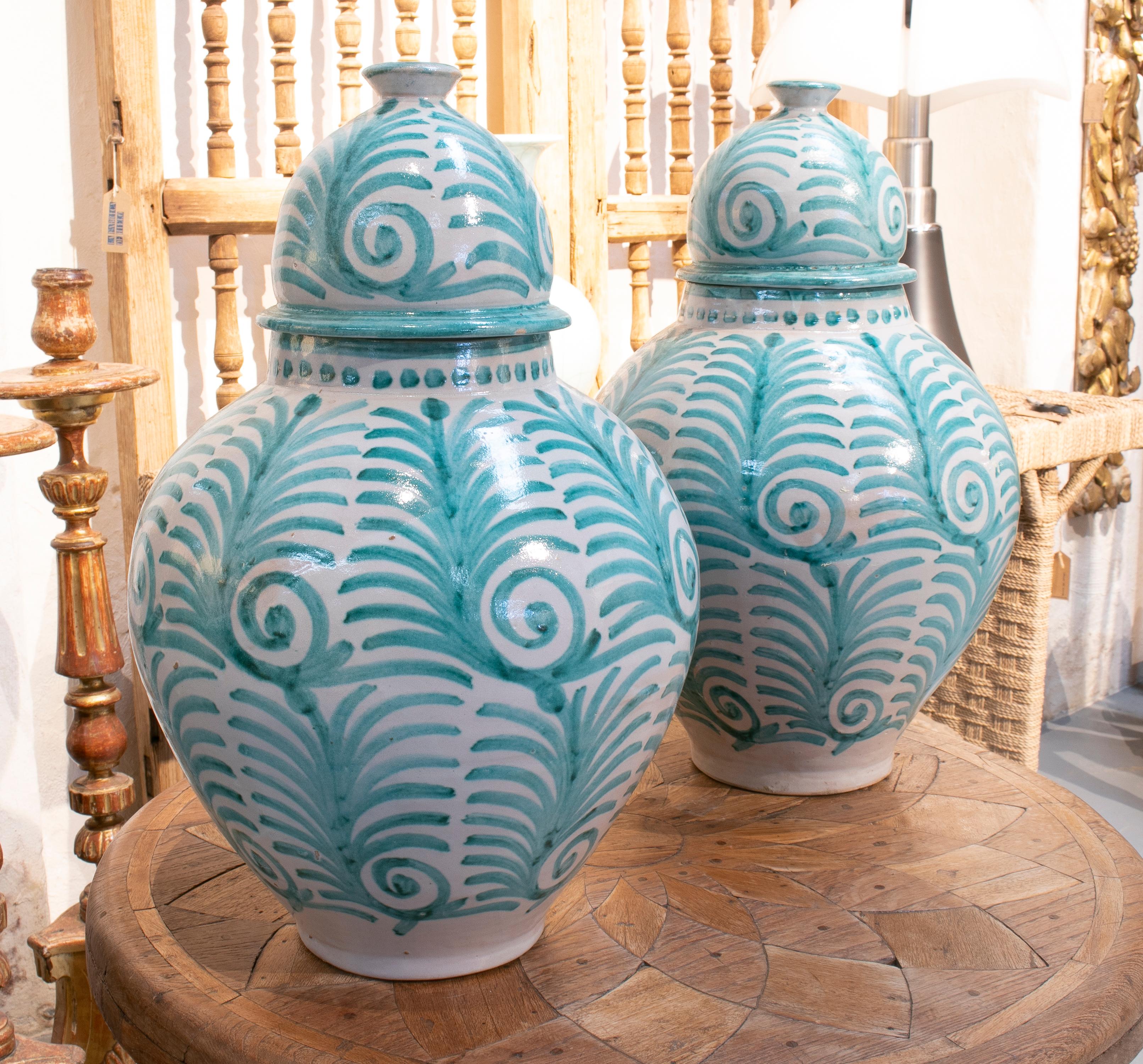 European Contemporary Pair of Hand Painted Glazed Terracotta Vases with Lids